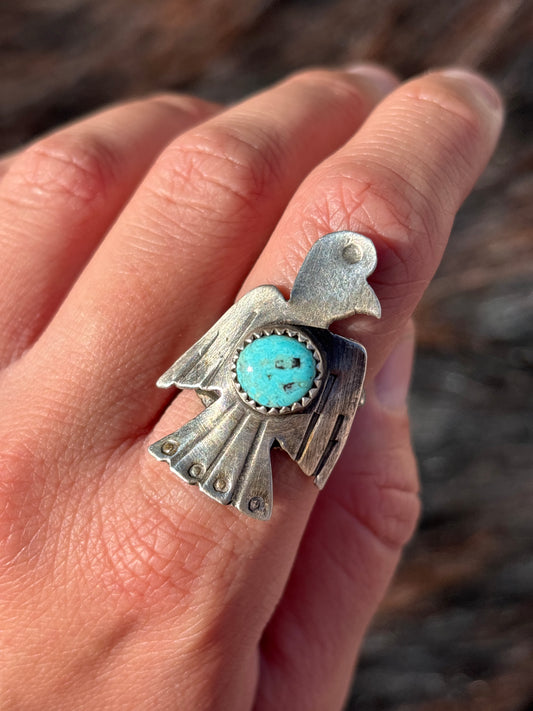 Native American, Hand-Made, Turquoise & Sterling Silver Thunderbird Ring