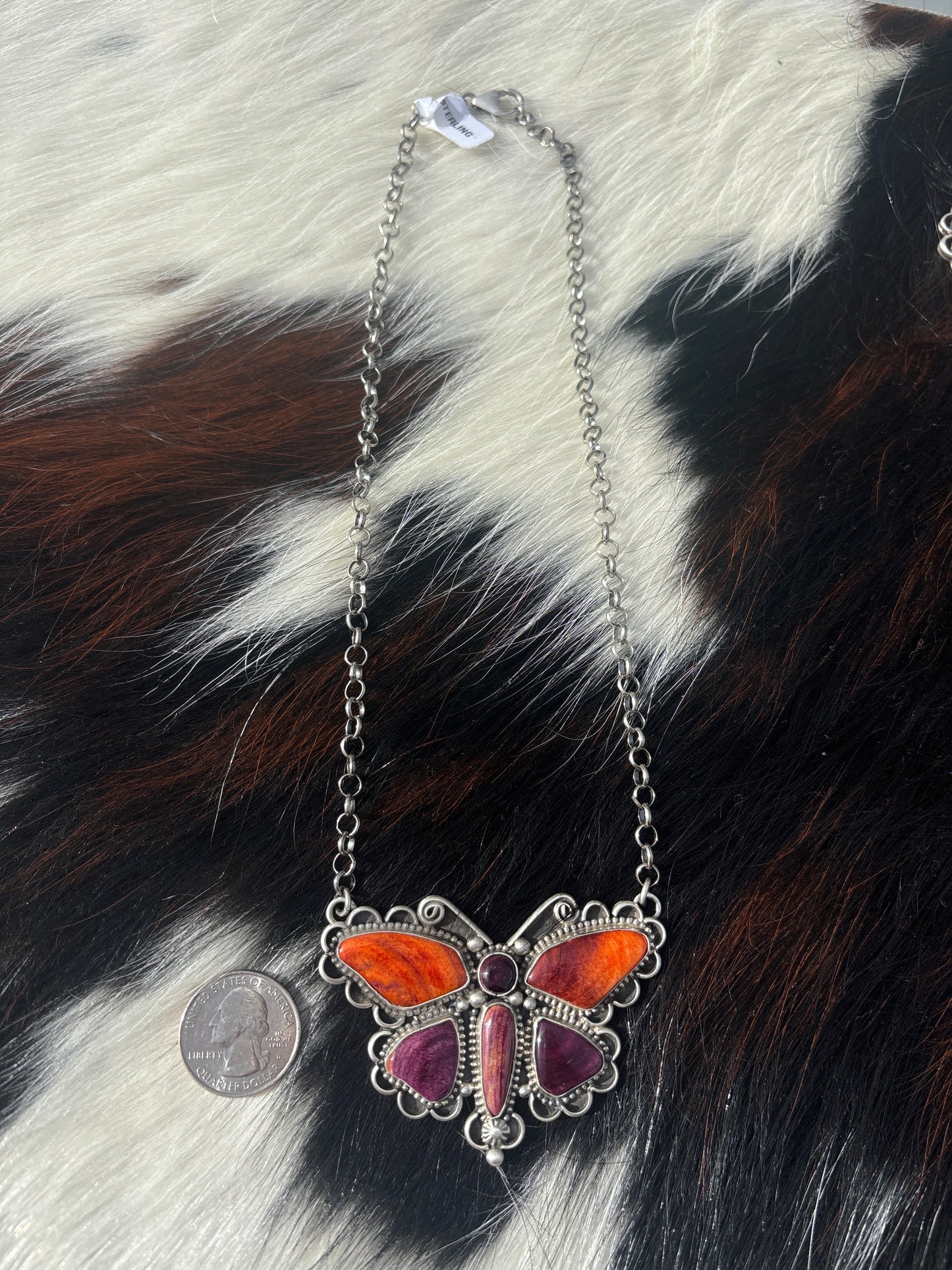 Native American, Hand-Made, Spiny Oyster & Sterling Silver Butterfly Necklace