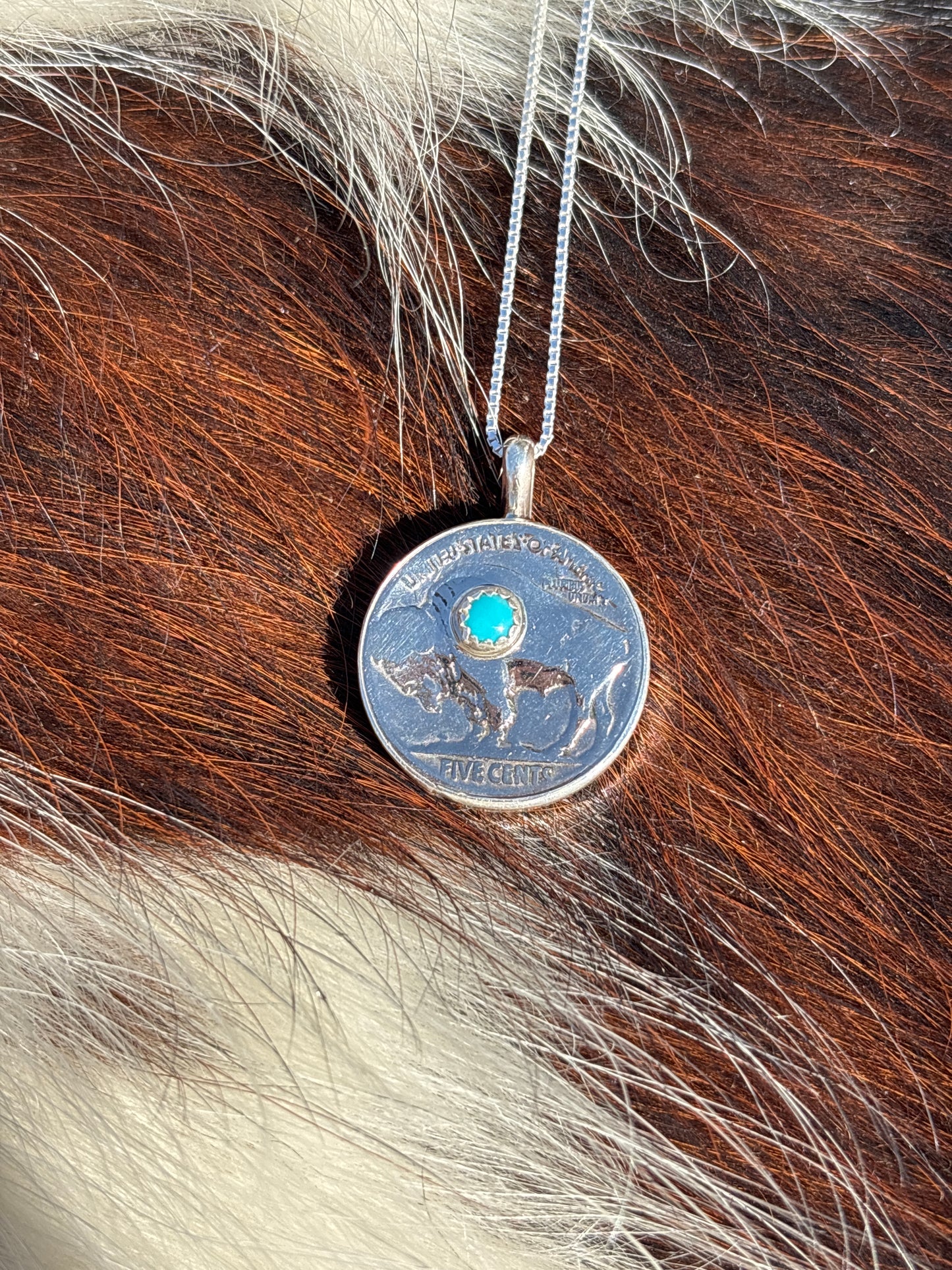 Native American, Hand-Made, Buffalo Nickel, Turquoise & Sterling Silver Necklace