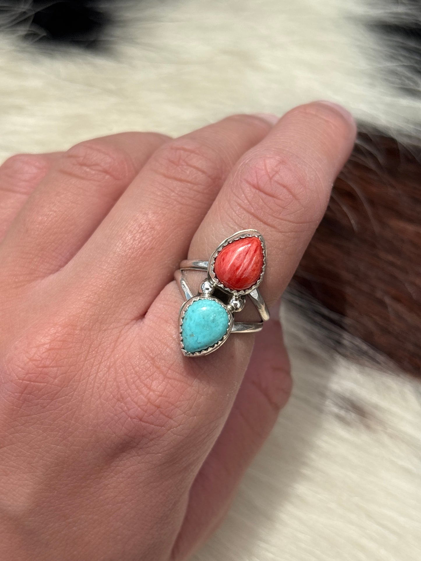 Native American, Hand-Made, Turquoise, Spiny Oyster & Sterling Silver Ring