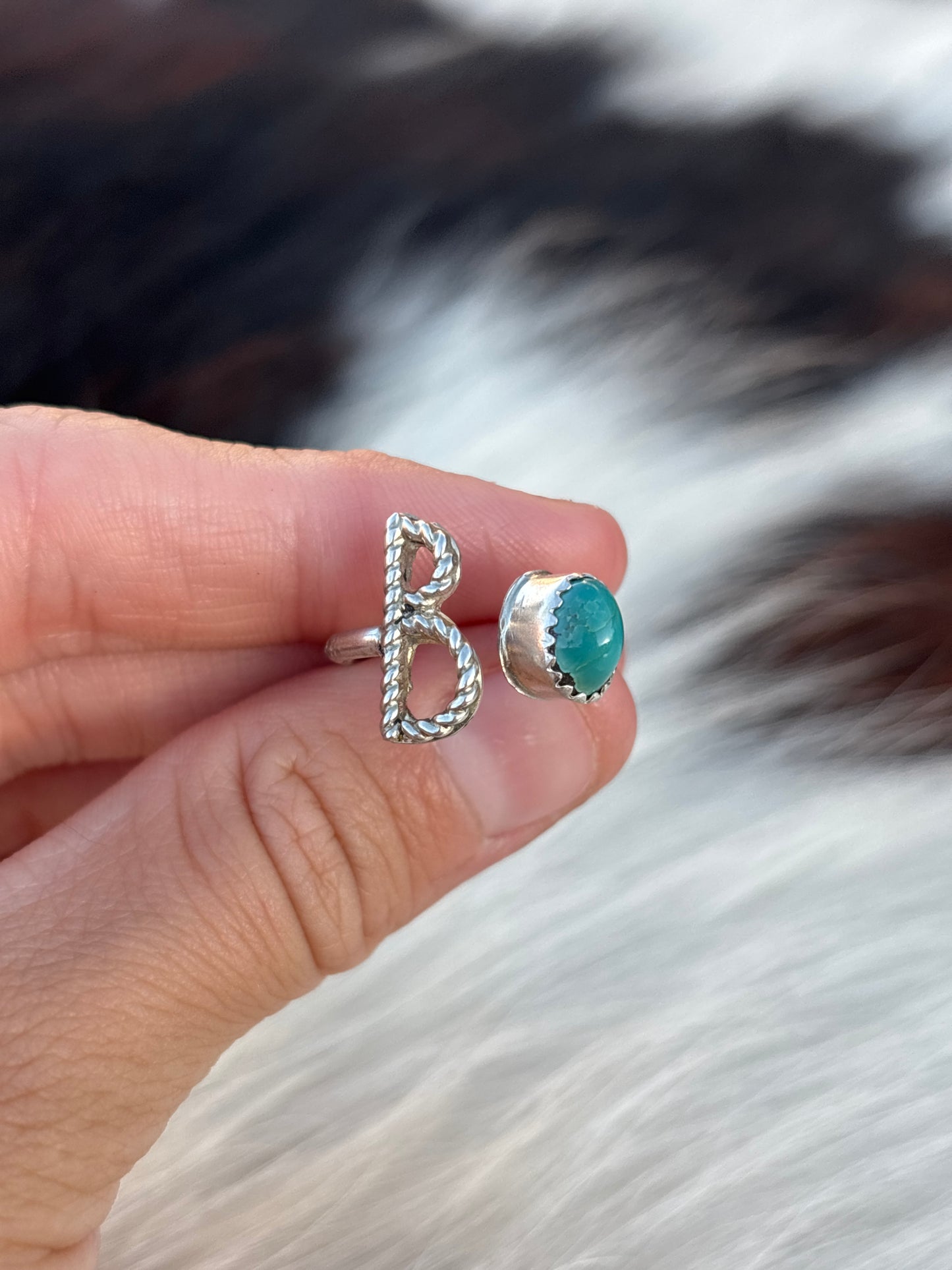 Native American, Hand-Made, Turquoise & Sterling Silver Adjustable Initial Ring
