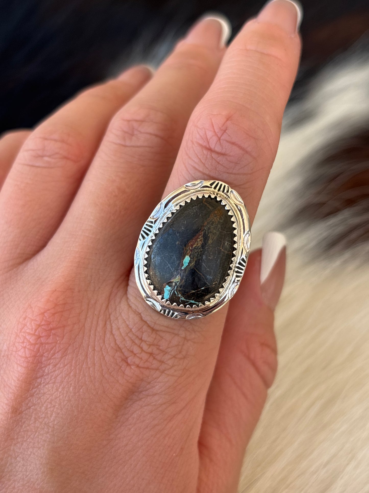 Native American, Hand-Made, Blackjack Turquoise & Sterling Silver Ring