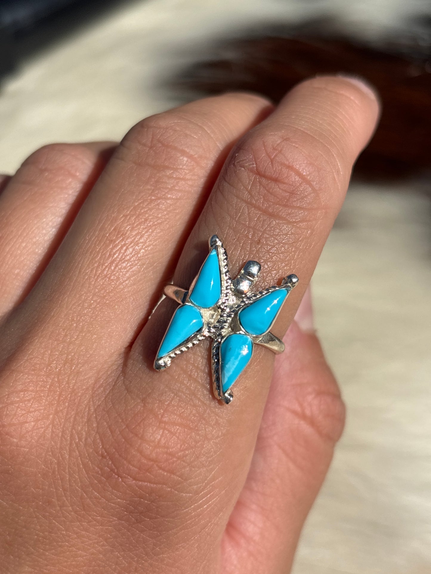 Native American, Hand-Made, Turquoise & Sterling Silver Butterfly Ring