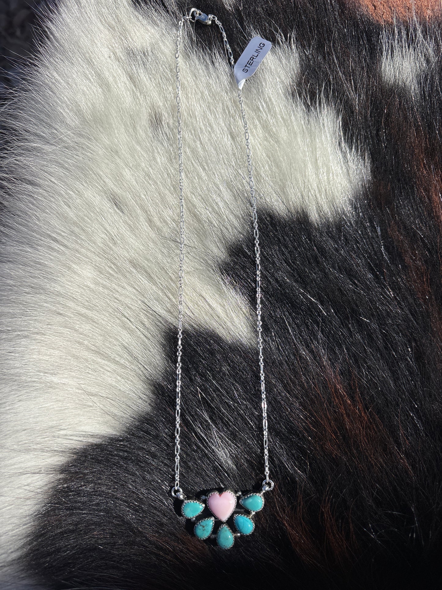 Native American, Hand-Made, Pink Conch, Turquoise & Sterling Silver Necklace