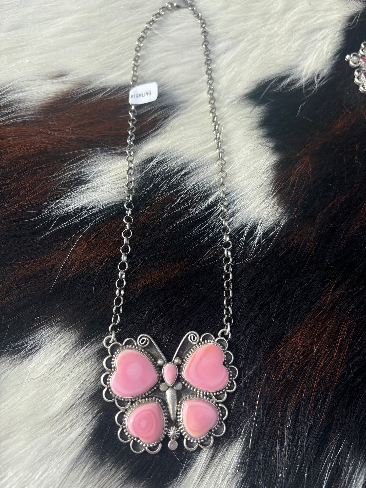 Native American, Hand-Made, Pink Conch & Sterling Silver Butterfly Necklace