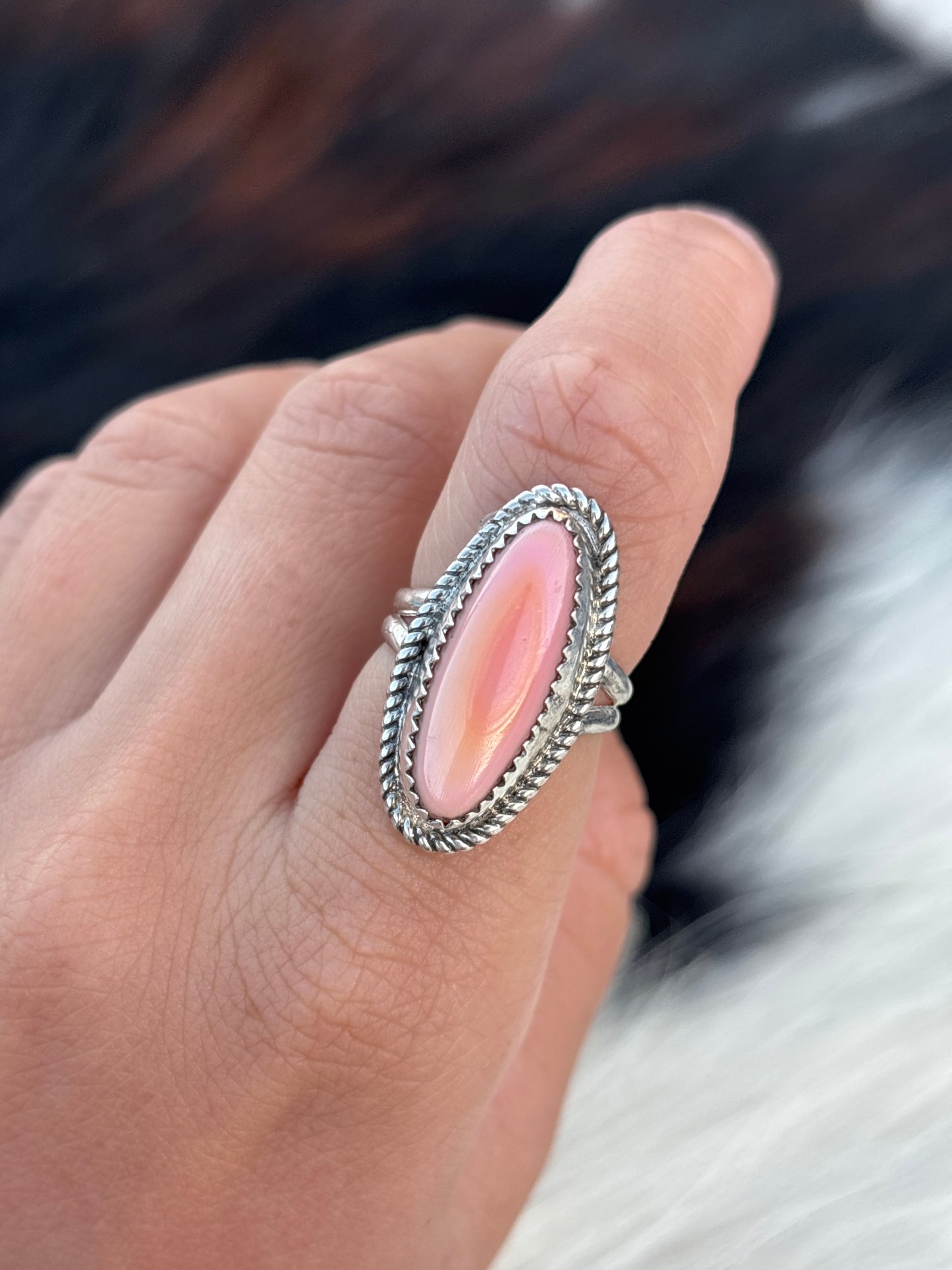 Native American, Hand-Made, Pink Conch & Sterling Silver Ring