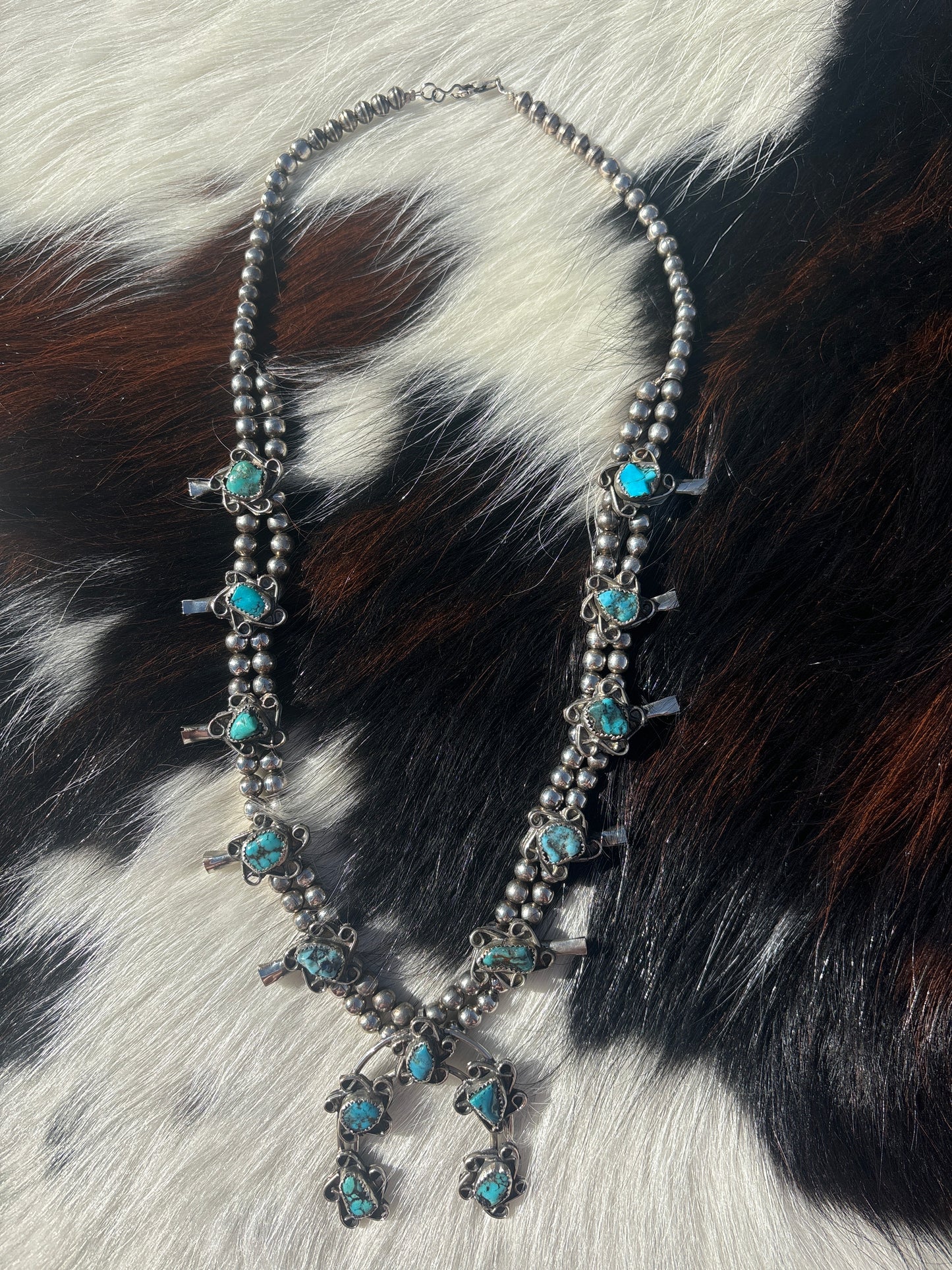 Native American, Handmade, Vintage Turquoise Squash Blossom Necklace