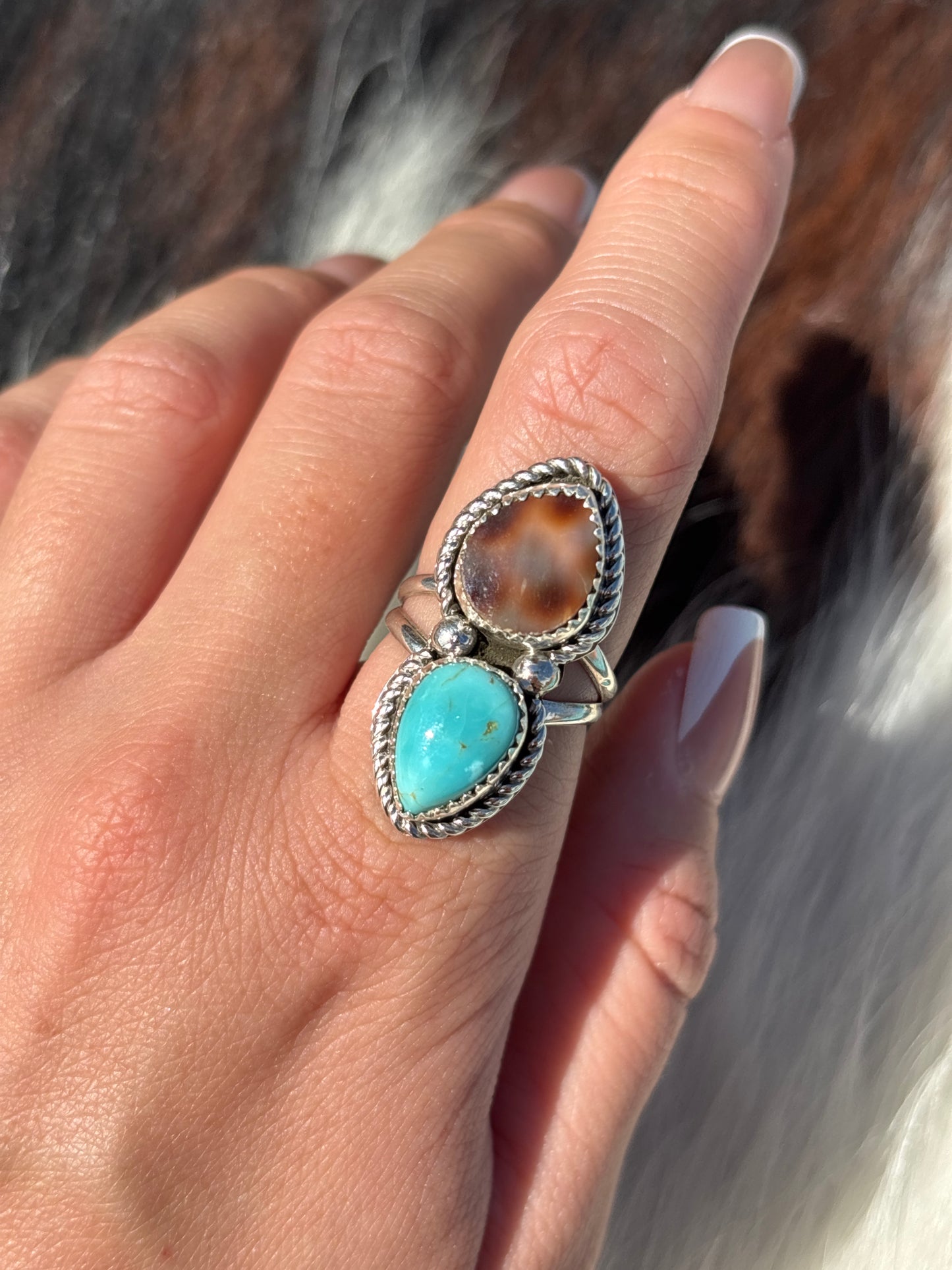 Native American, Hand-Made, Turquoise, Cowrie & Sterling Silver  Ring