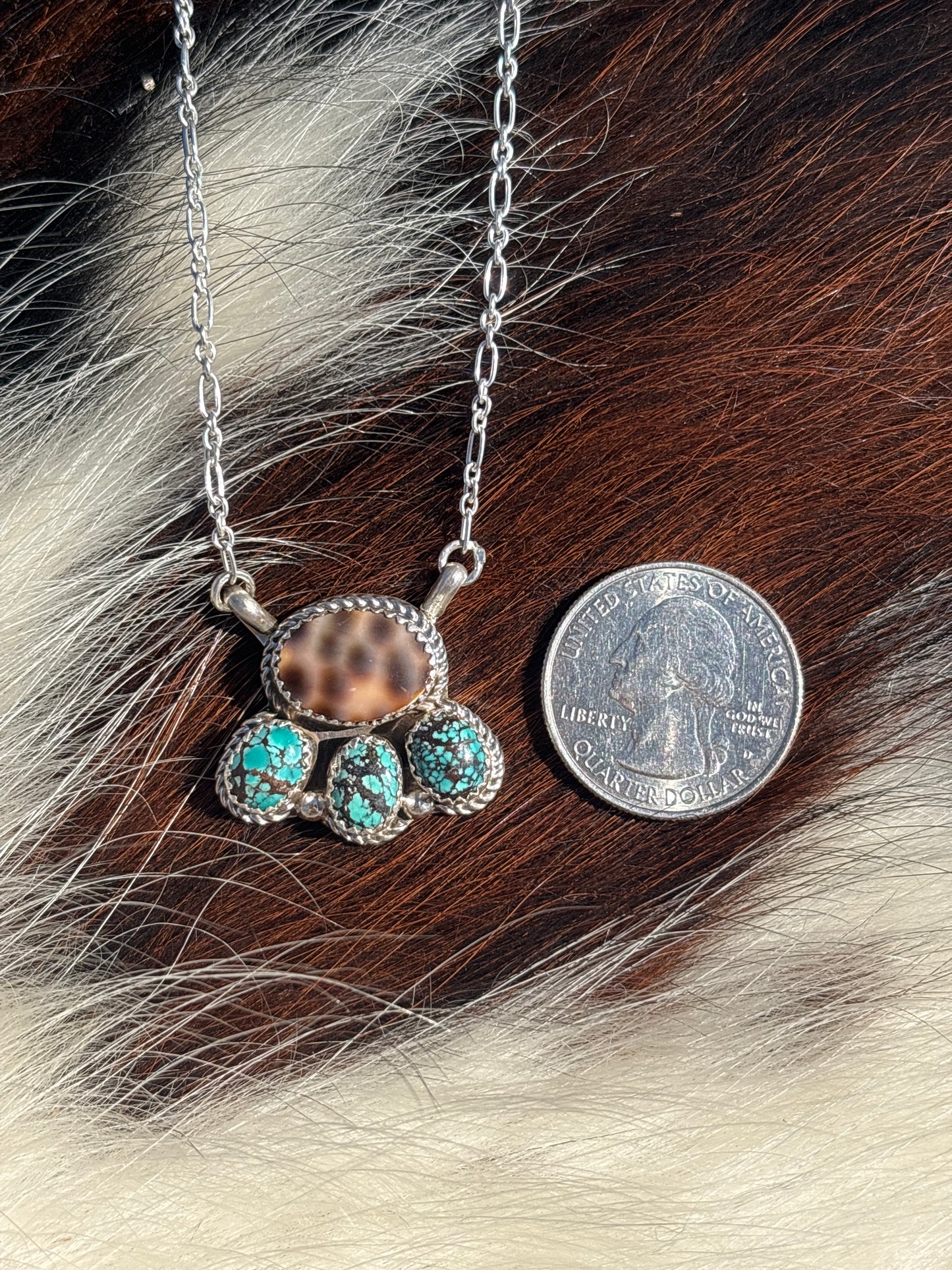 Native American, Hand-Made, Cowrie, Turquoise & Sterling Silver Necklace