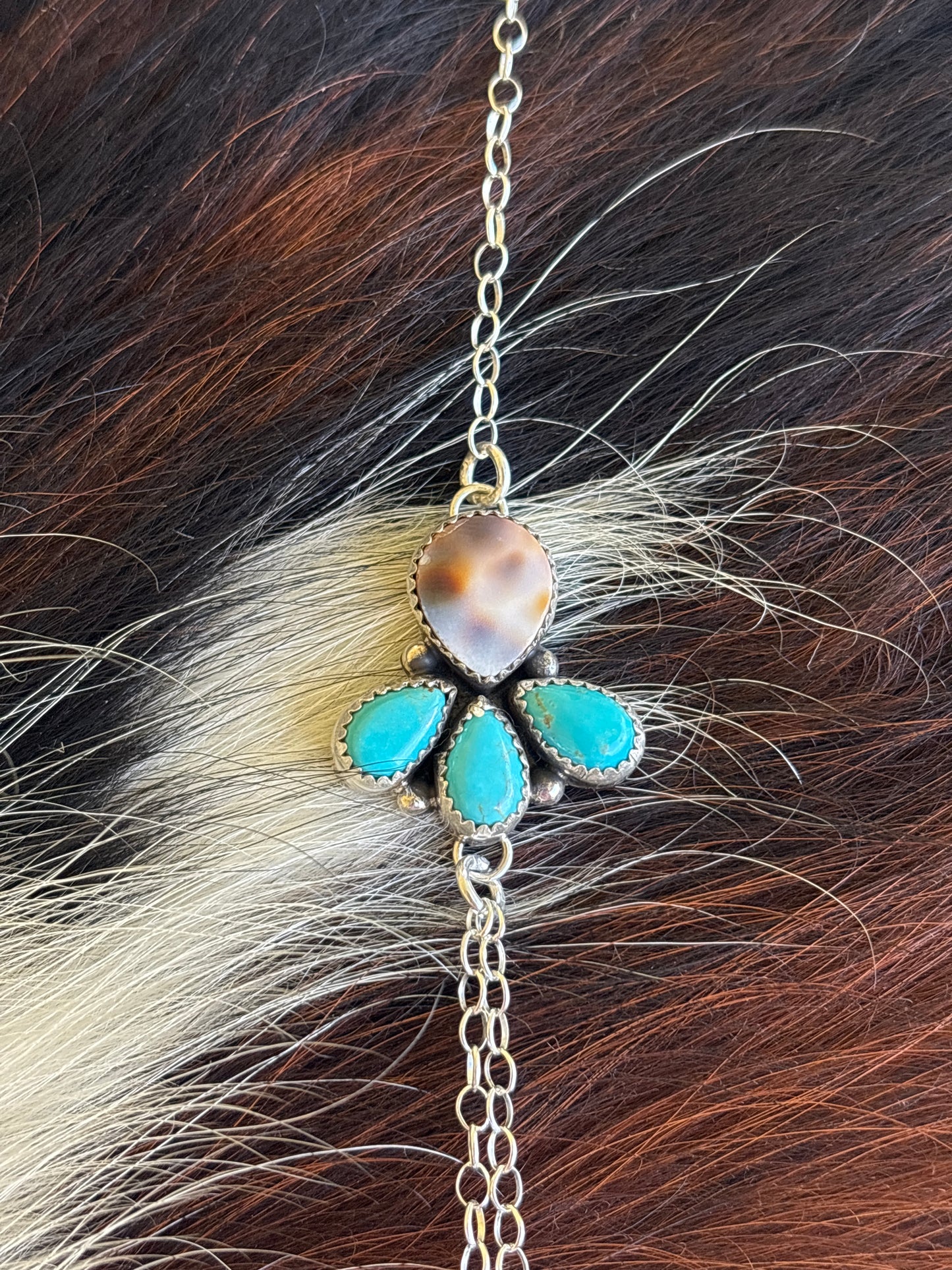 Native American, Handmade, Turquoise, Cowrie & Sterling Silver Hand Chain