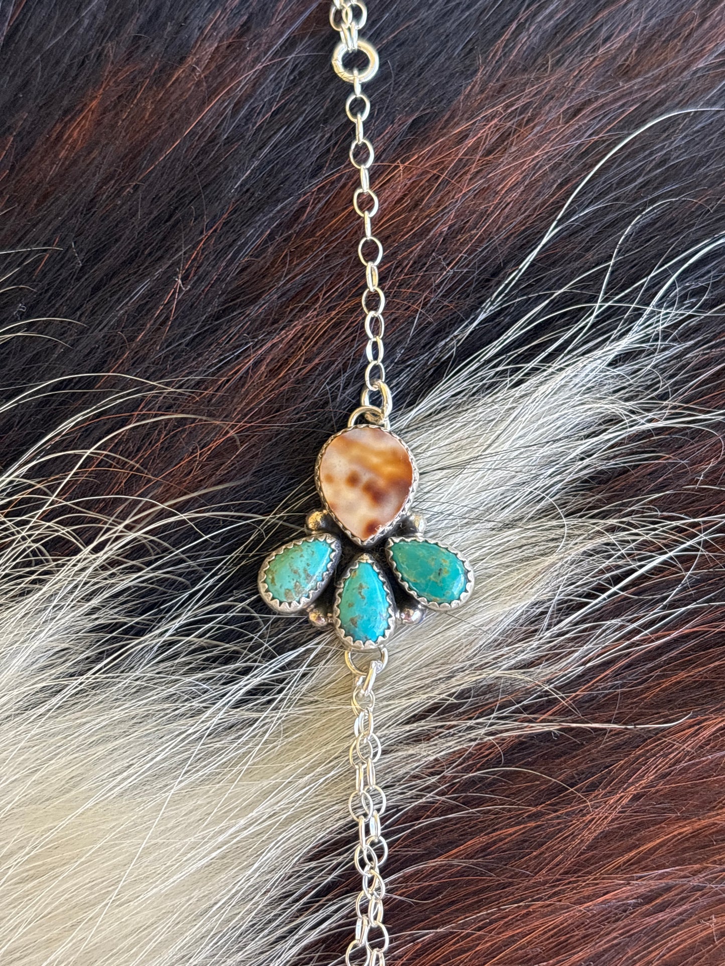 Native American, Handmade, Turquoise, Cowrie & Sterling Silver Hand Chain