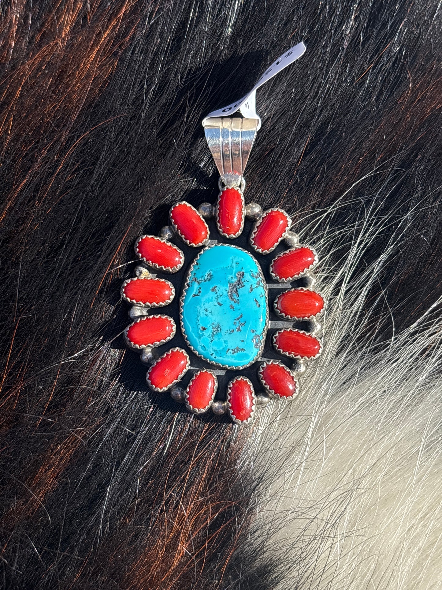 Native American, Hand-Made, Turquoise, Coral & Sterling Silver Pendant