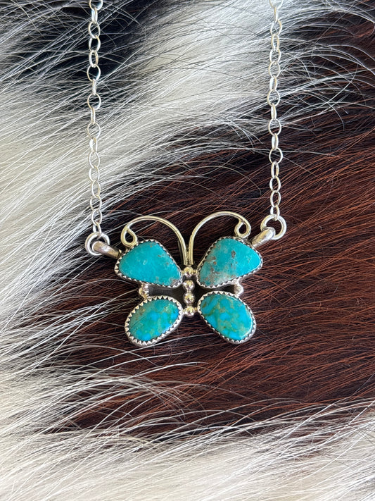 Native American, Hand-Made, Turquoise & Sterling Silver Butterfly Necklace
