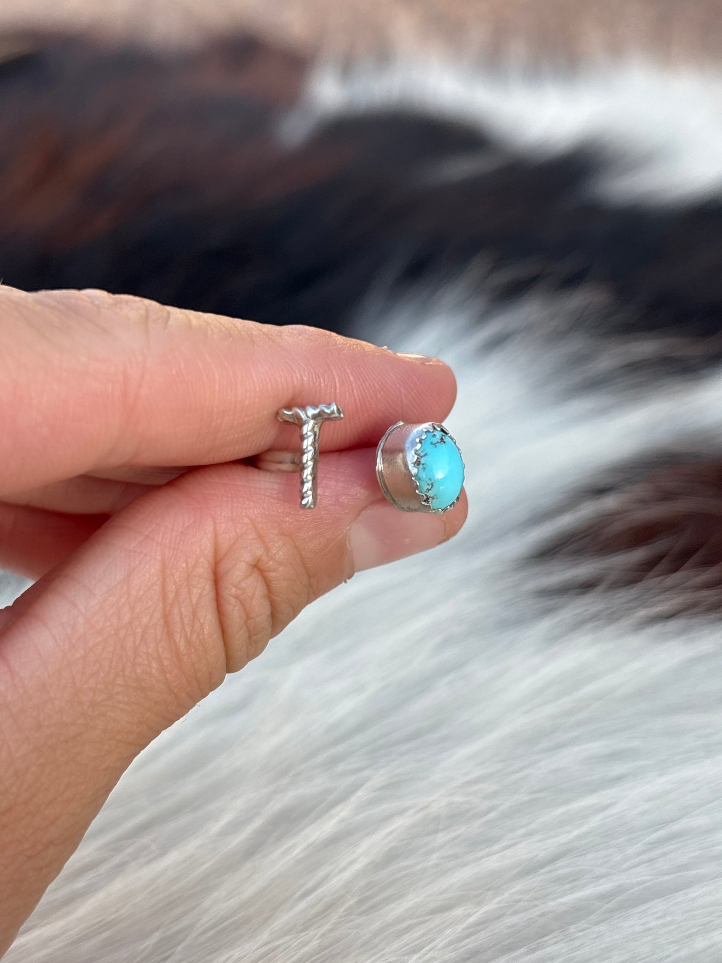 Native American, Hand-Made, Turquoise & Sterling Silver Adjustable Initial Ring