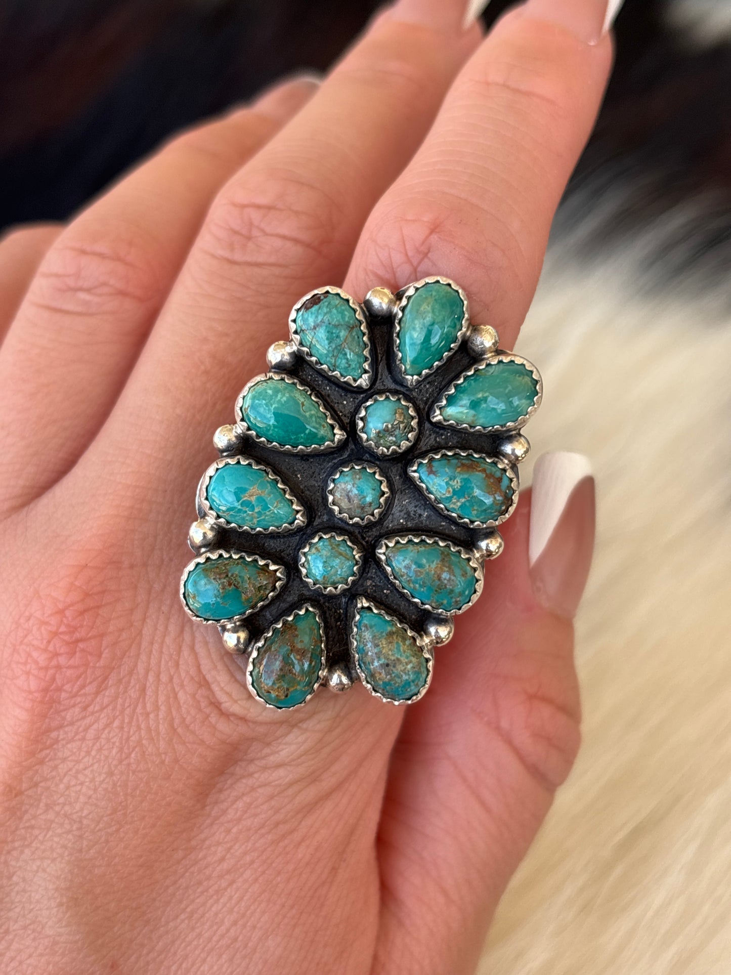 Native American, Hand-Made, Turquoise & Sterling Silver Cluster Ring