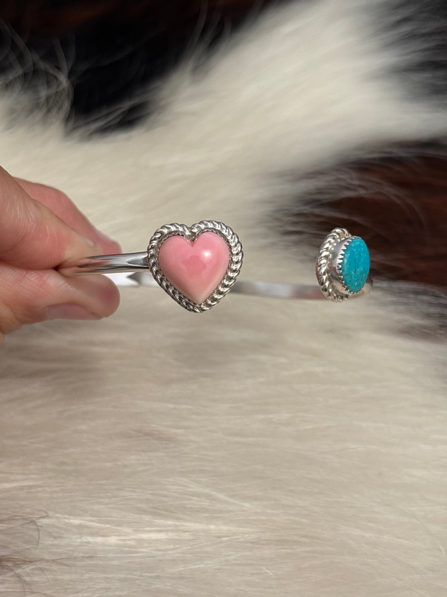 Native American, Handmade, Turquoise, Pink Conch & Sterling Silver Adjustable Cuff