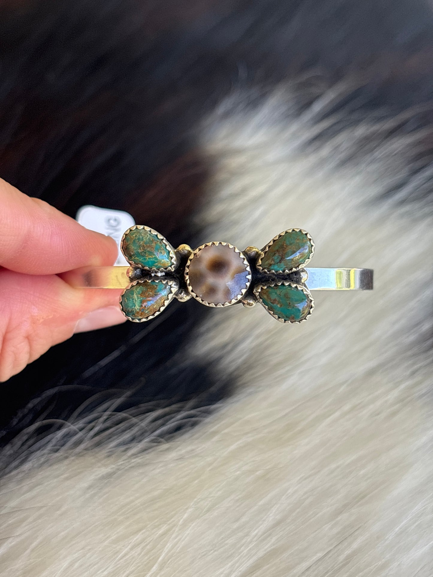 Native American, Handmade, Cowrie, Turquoise & Sterling Silver Cuff