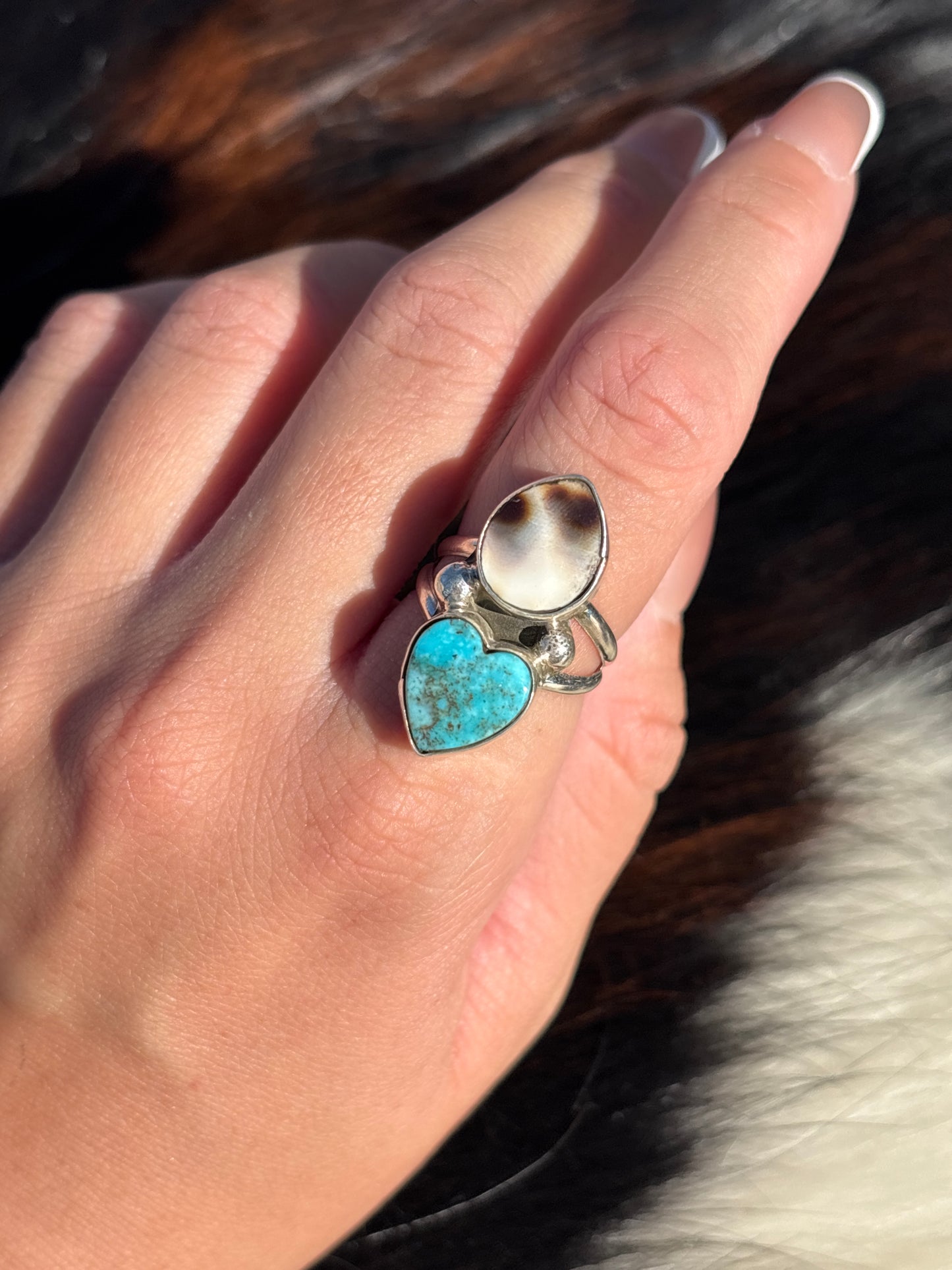 Native American, Hand-Made, Turquoise, Cowrie & Sterling Silver  Ring