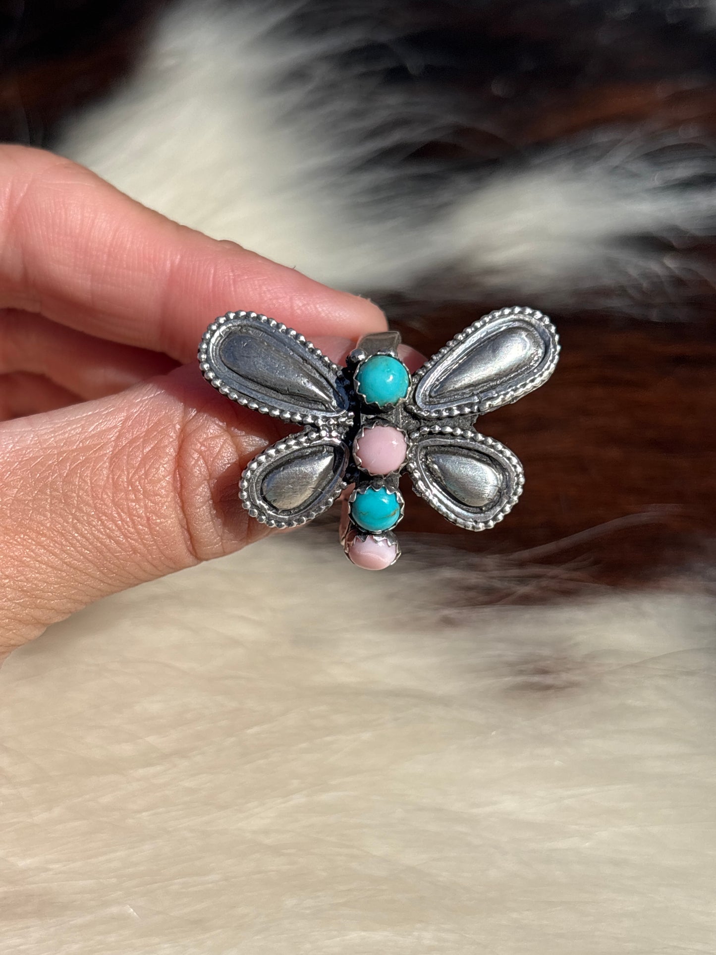 Native American, Hand-Made, Turquoise, Pink Conch & Sterling Silver Dragonfly Adjustable Ring