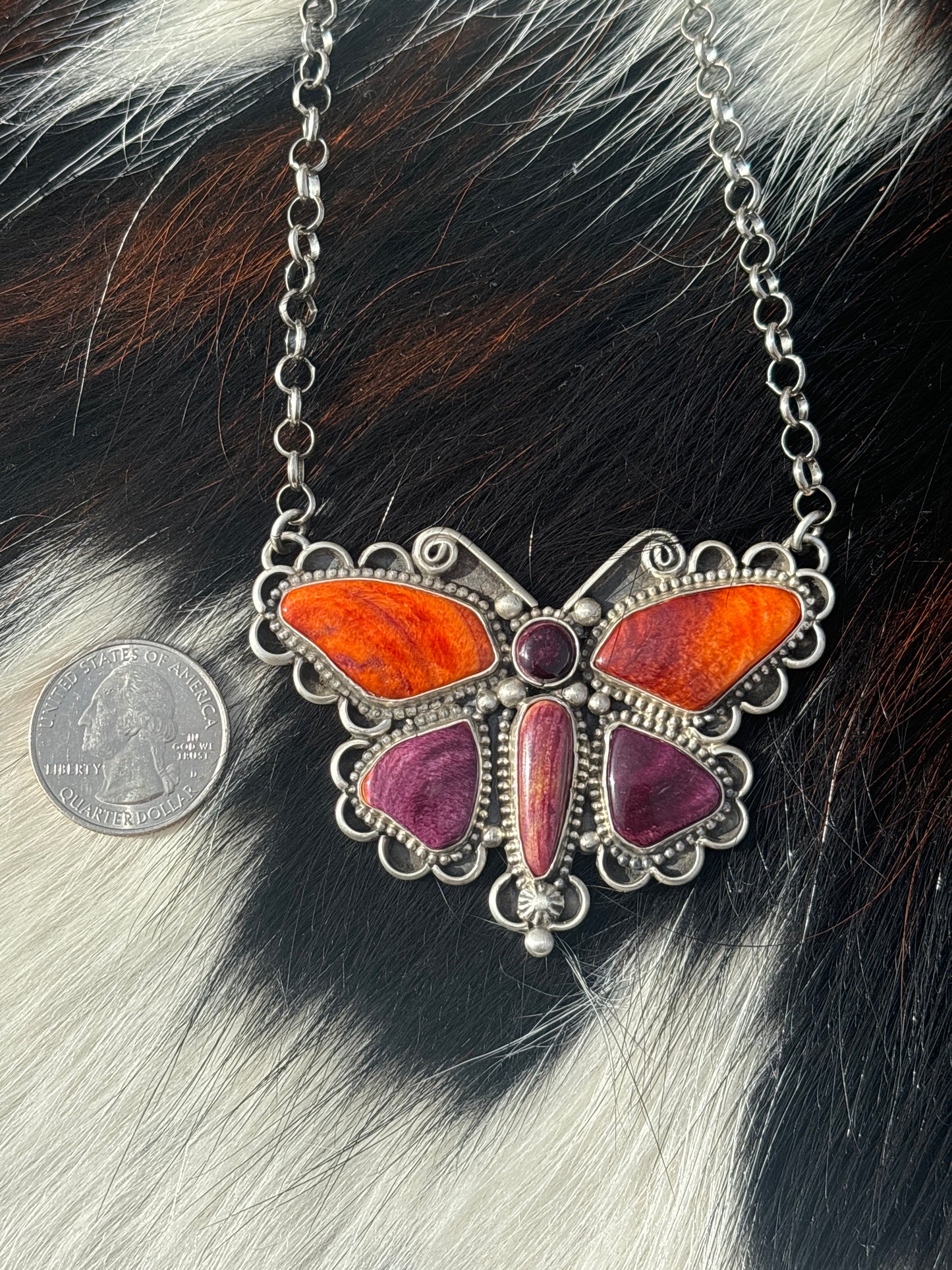 Native American, Hand-Made, Spiny Oyster & Sterling Silver Butterfly Necklace