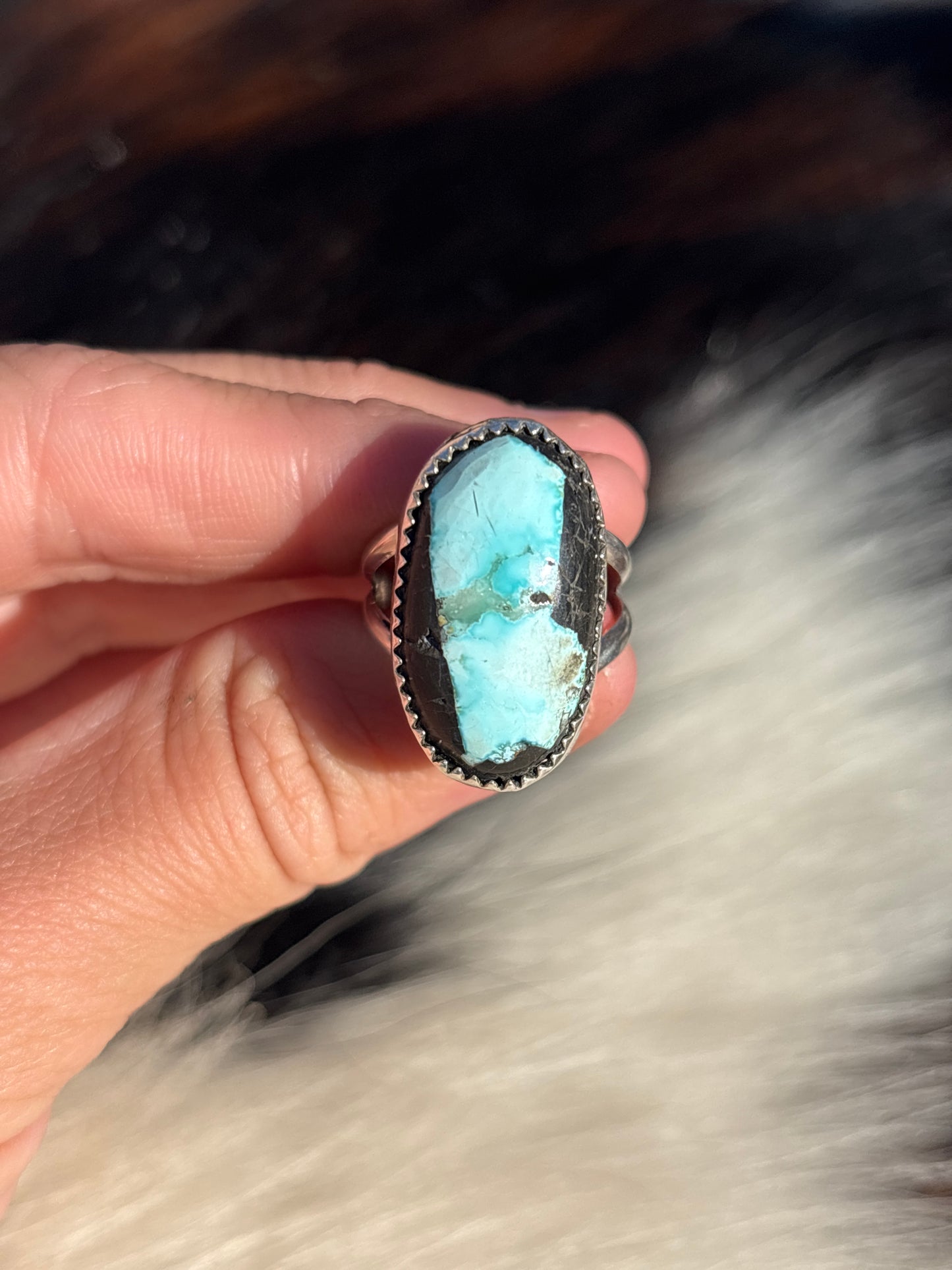 Native American, Hand-Made, Blue Ribbon Turquoise & Sterling Silver Ring