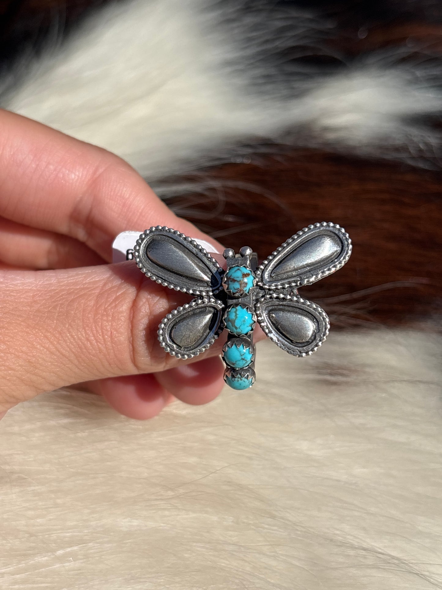Native American, Hand-Made, Turquoise & Sterling Silver Dragonfly Adjustable Ring