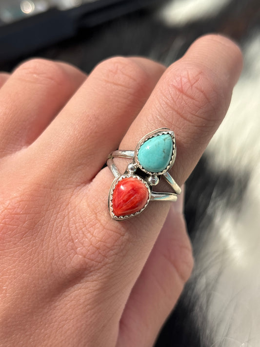 Native American, Hand-Made, Turquoise, Spiny Oyster & Sterling Silver Ring