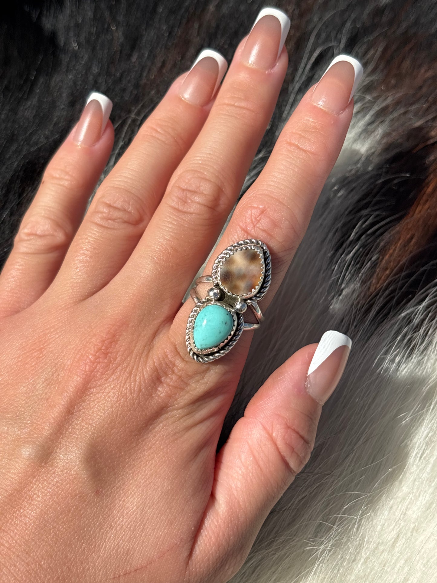 Native American, Hand-Made, Turquoise, Cowrie & Sterling Silver  Ring