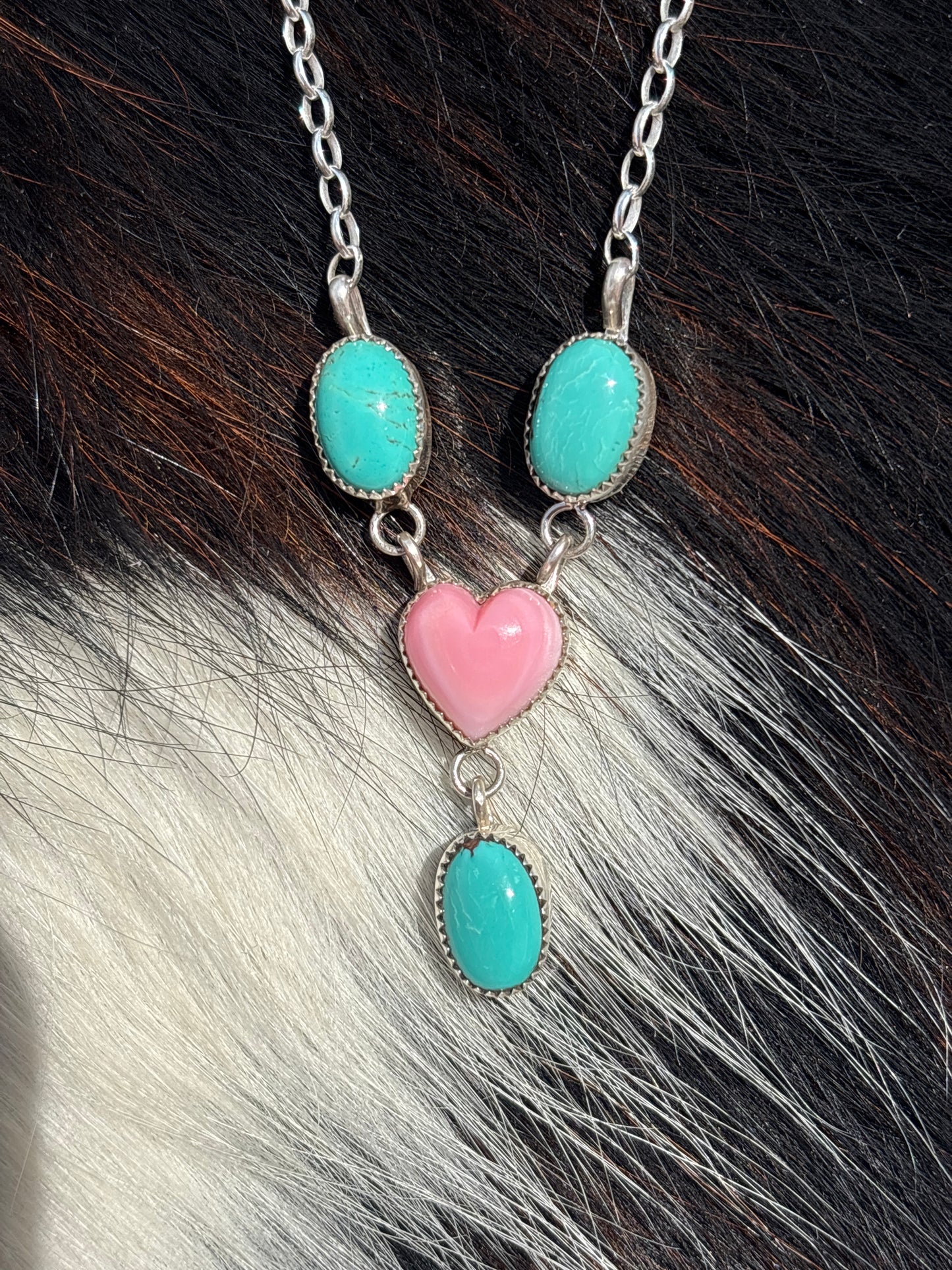 Native American, Hand-Made, Turquoise, Pink Conch, & Sterling Silver Lariat Necklace