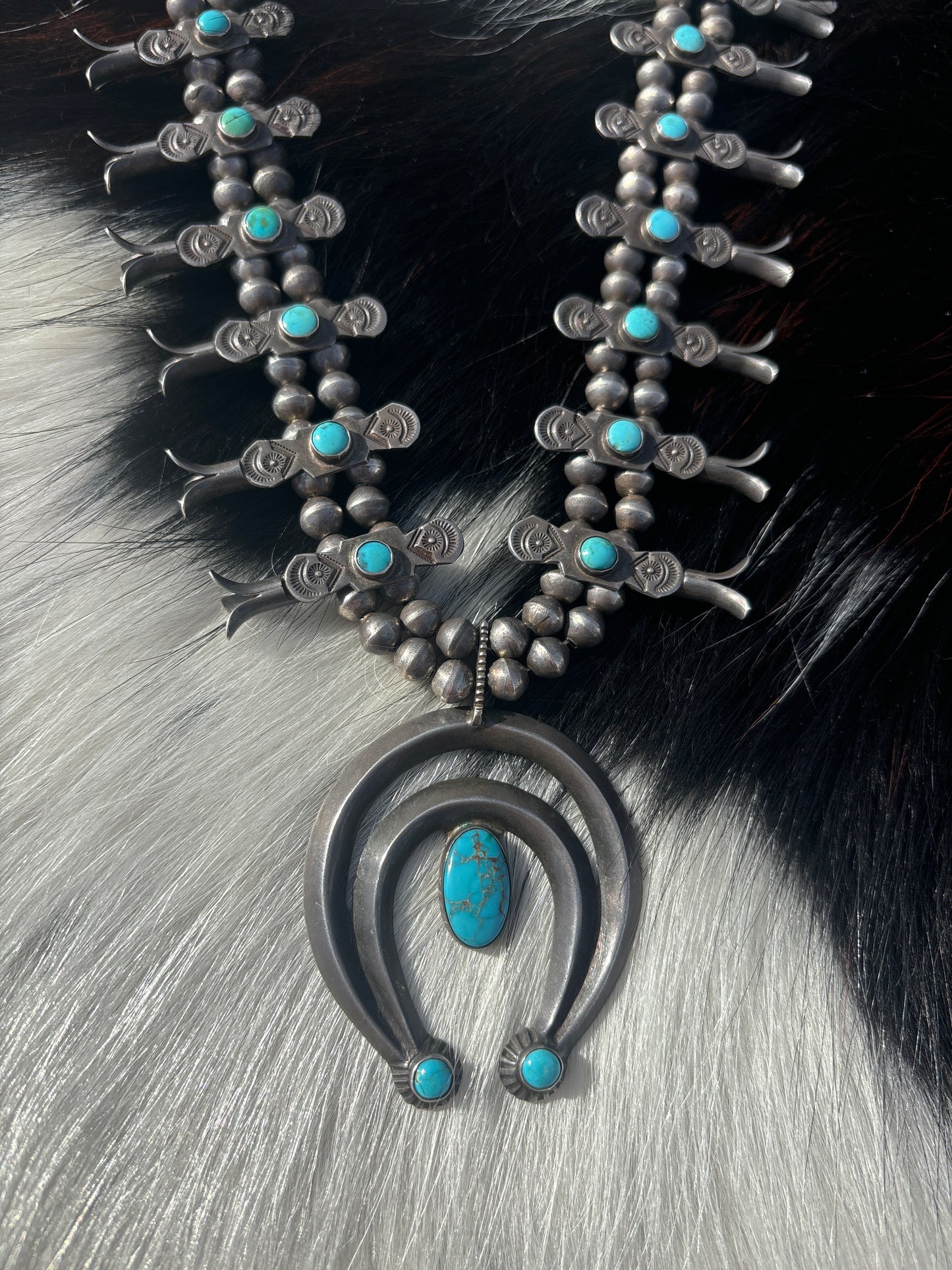 Native American, Handmade, Vintage Turquoise Squash Blossom Necklace