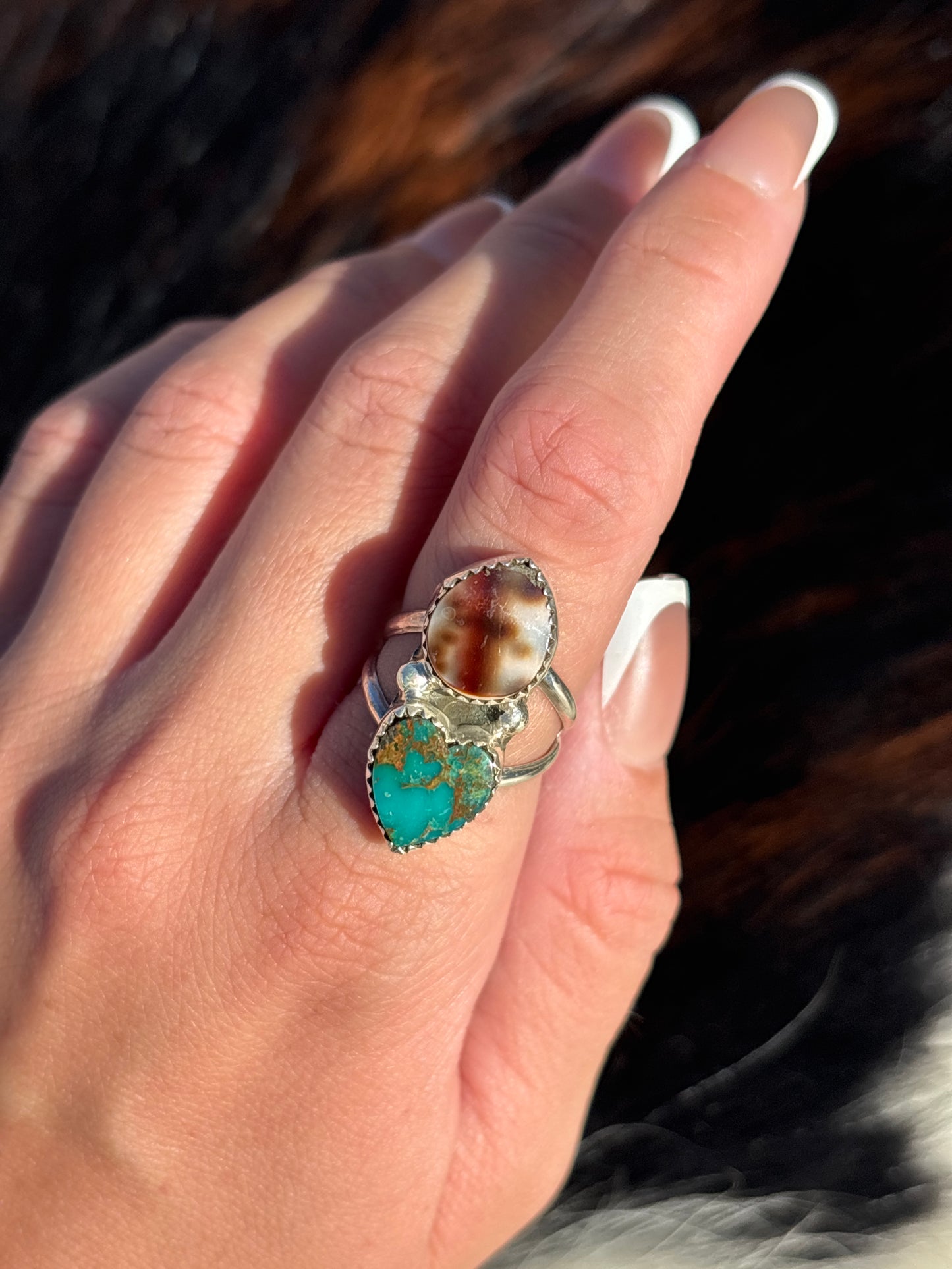 Native American, Hand-Made, Turquoise, Cowrie & Sterling Silver  Ring