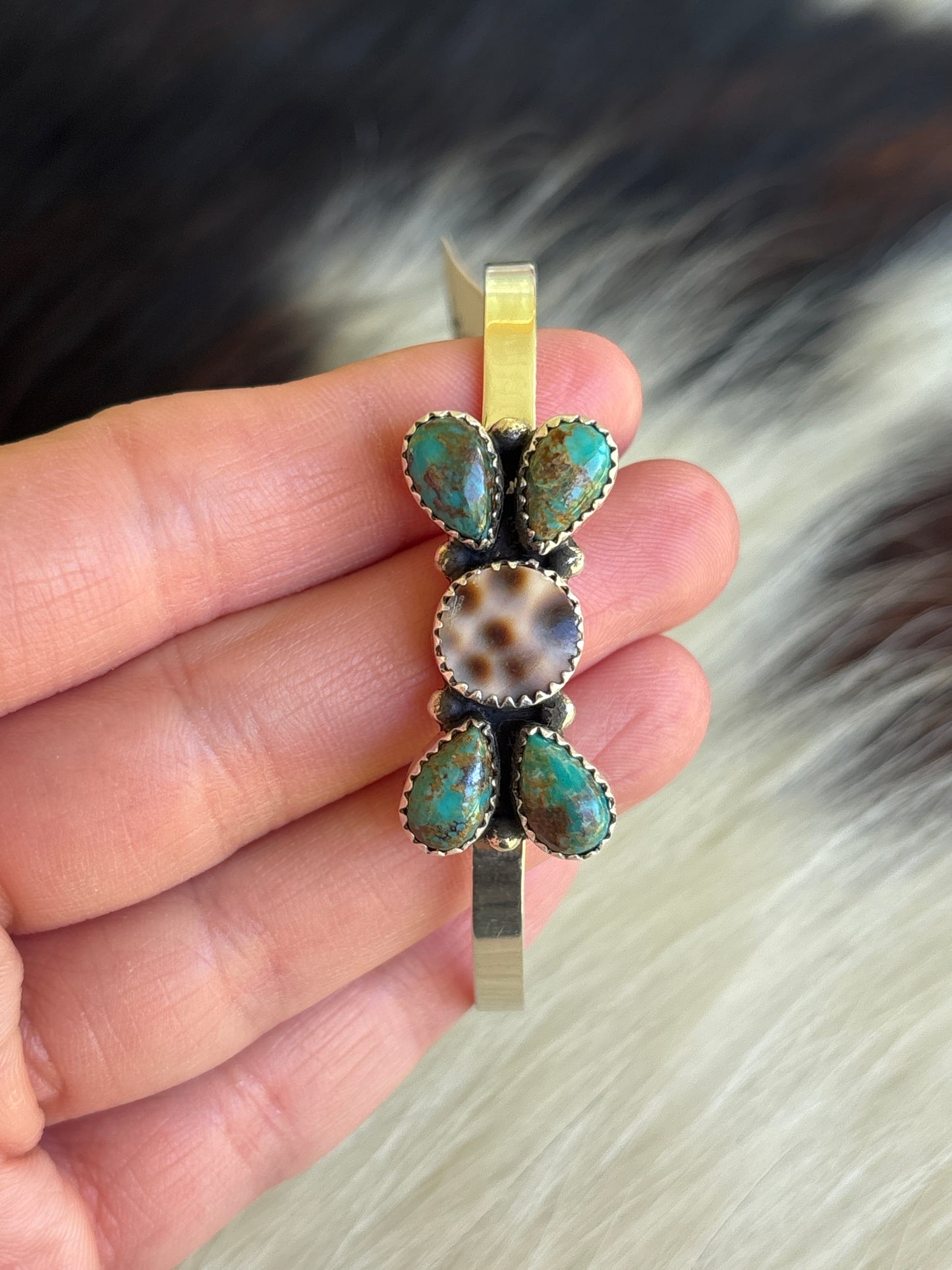 Native American, Handmade, Cowrie, Turquoise & Sterling Silver Cuff