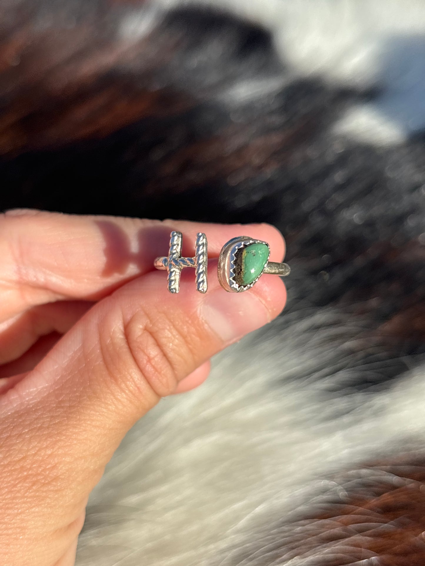 Native American, Hand-Made, Turquoise & Sterling Silver Adjustable Initial Ring