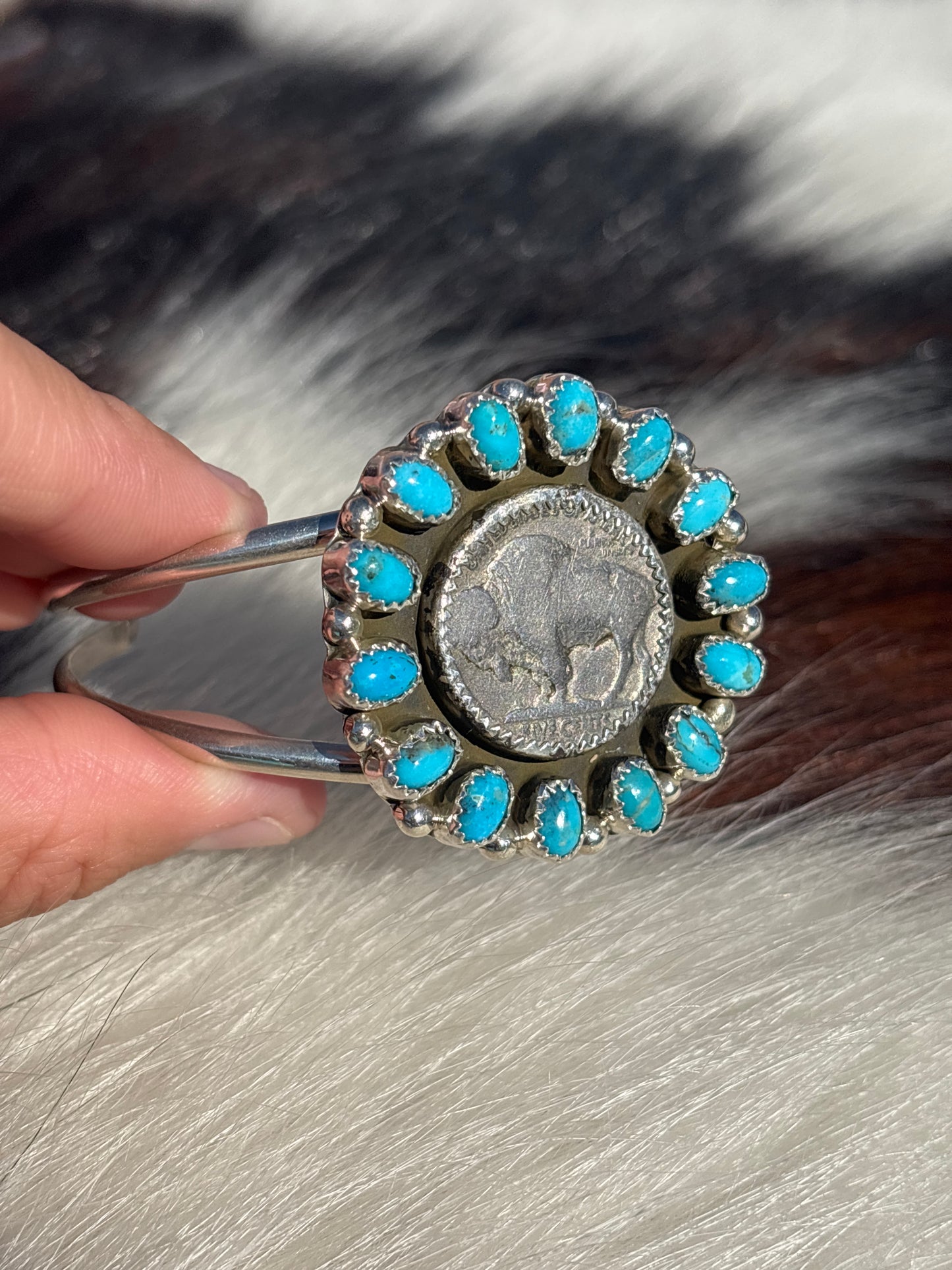 Native American, Handmade, Turquoise, Buffalo Nickel & Sterling Silver Cuff