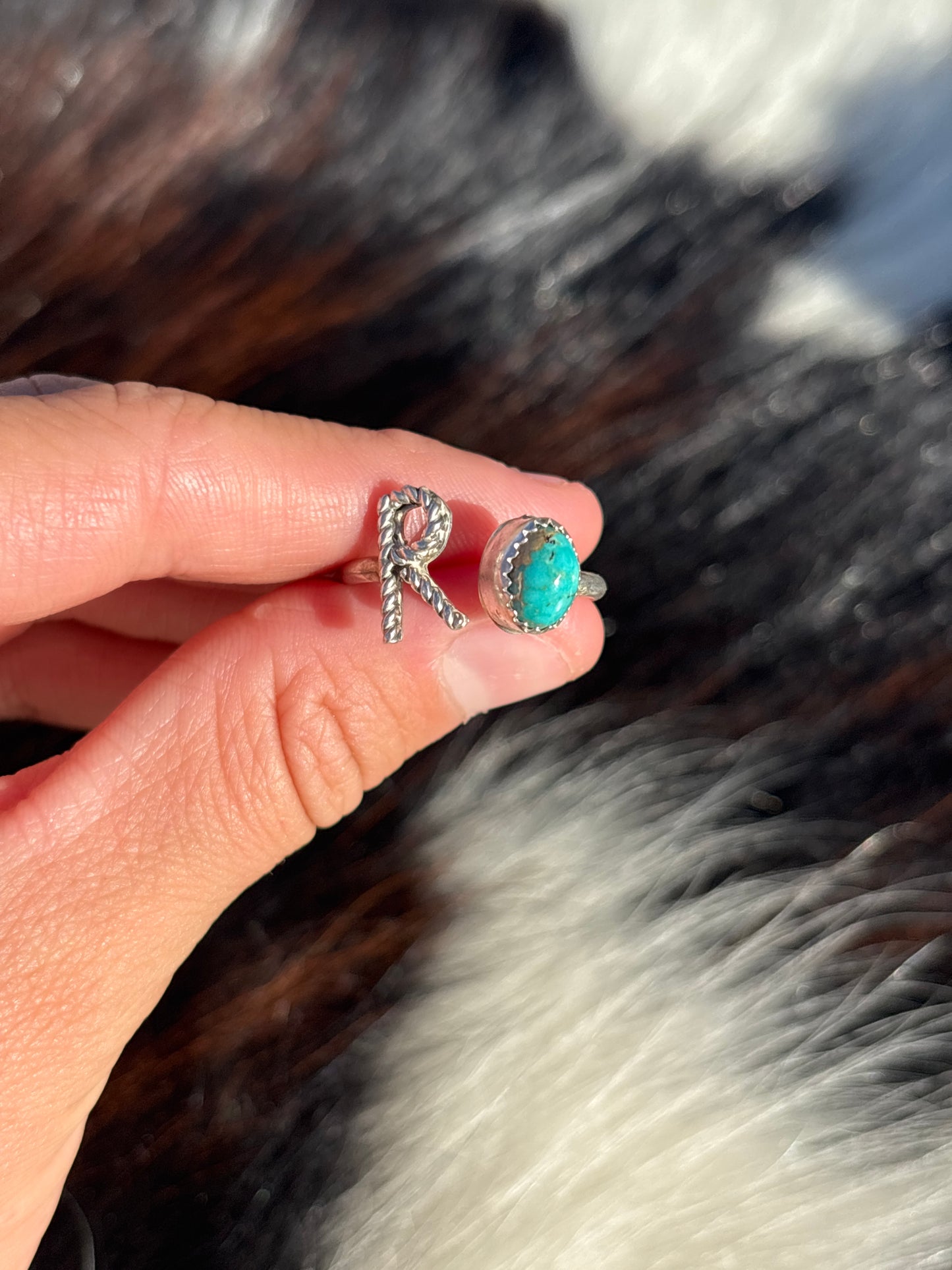 Native American, Hand-Made, Turquoise & Sterling Silver Adjustable Initial Ring