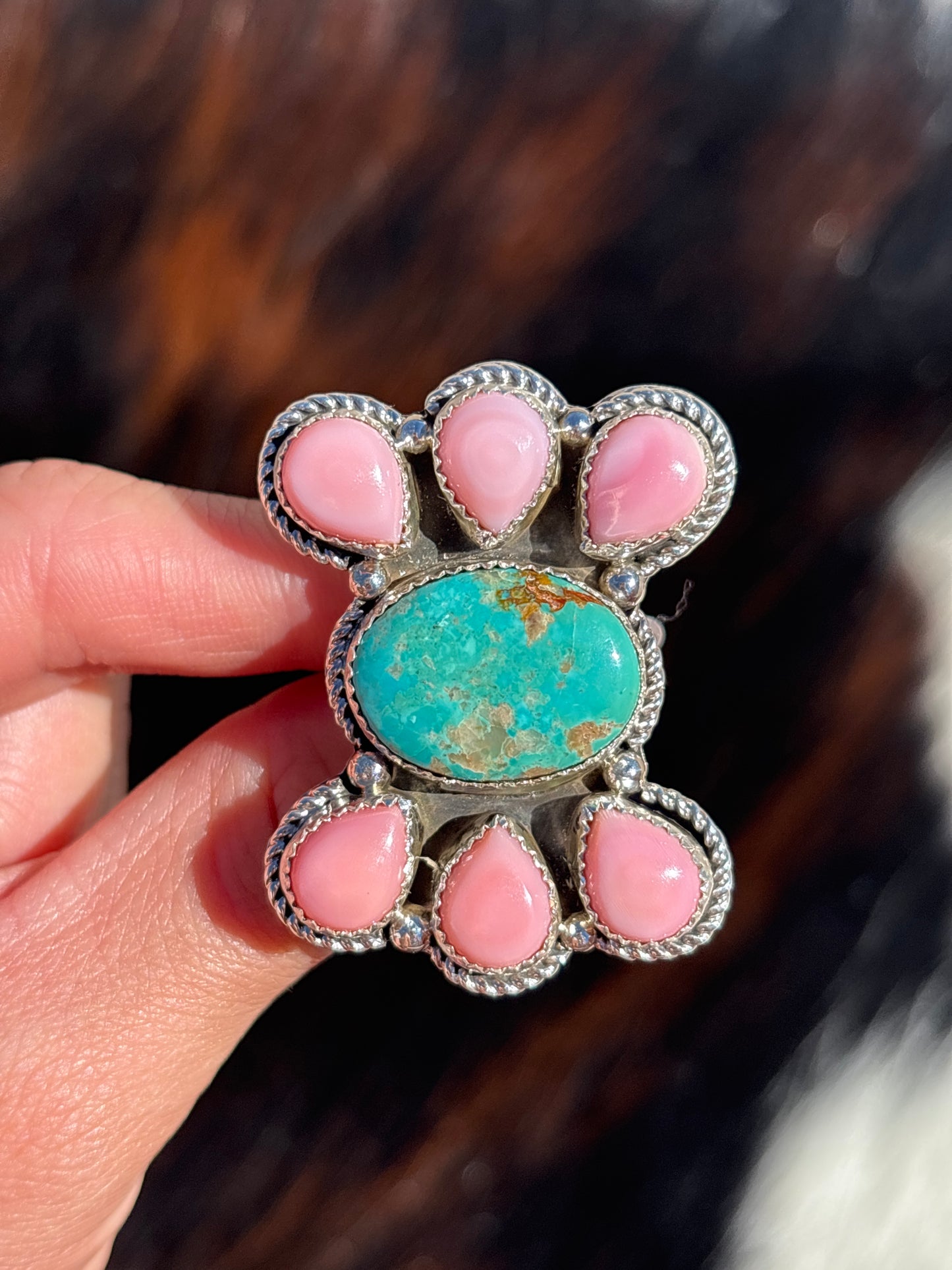 Native American, Hand-Made, Turquoise, Pink Conch & Sterling Silver Ring