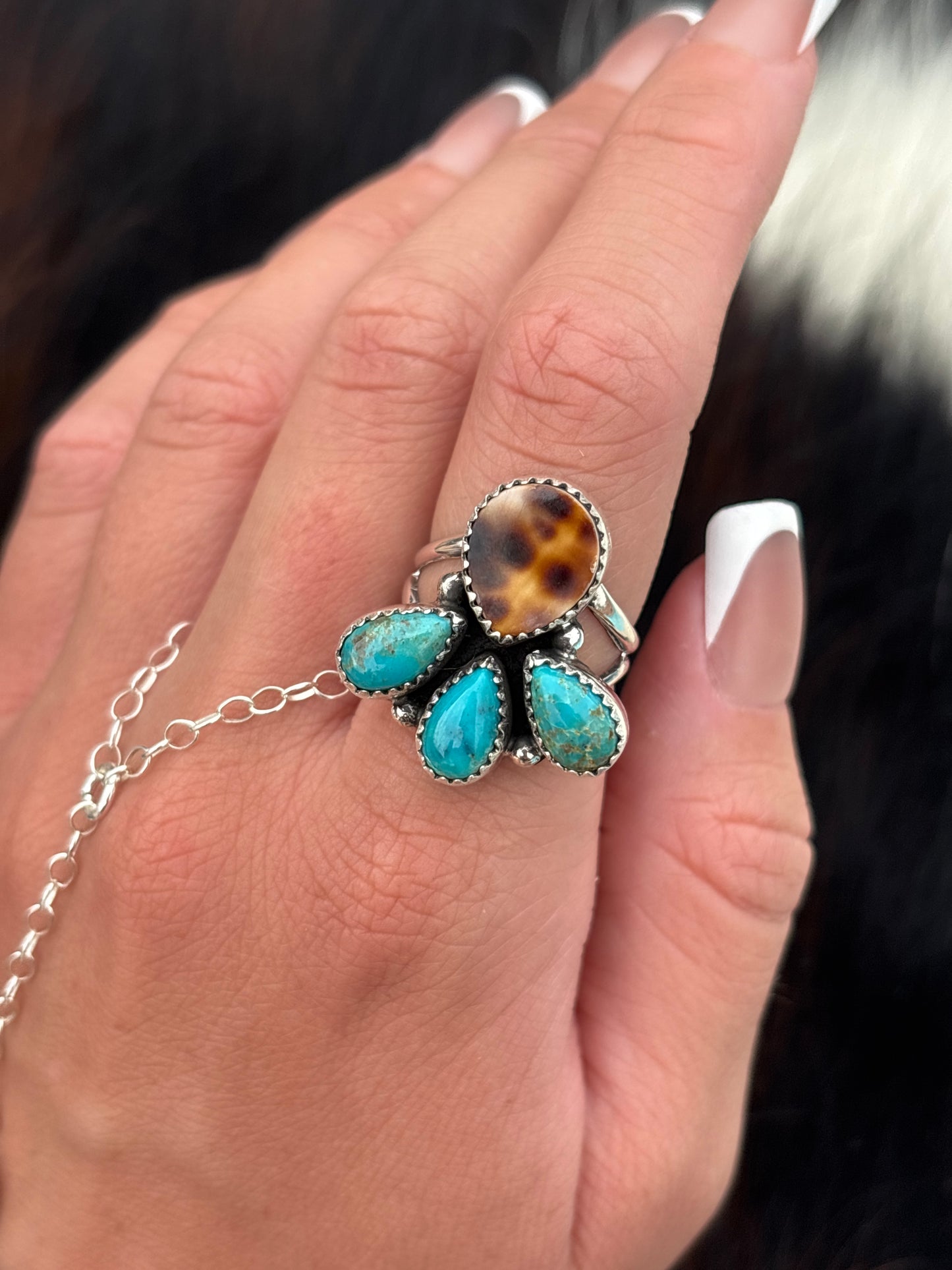 Native American, Hand-Made, Turquoise, Cowrie & Sterling Silver  Ring