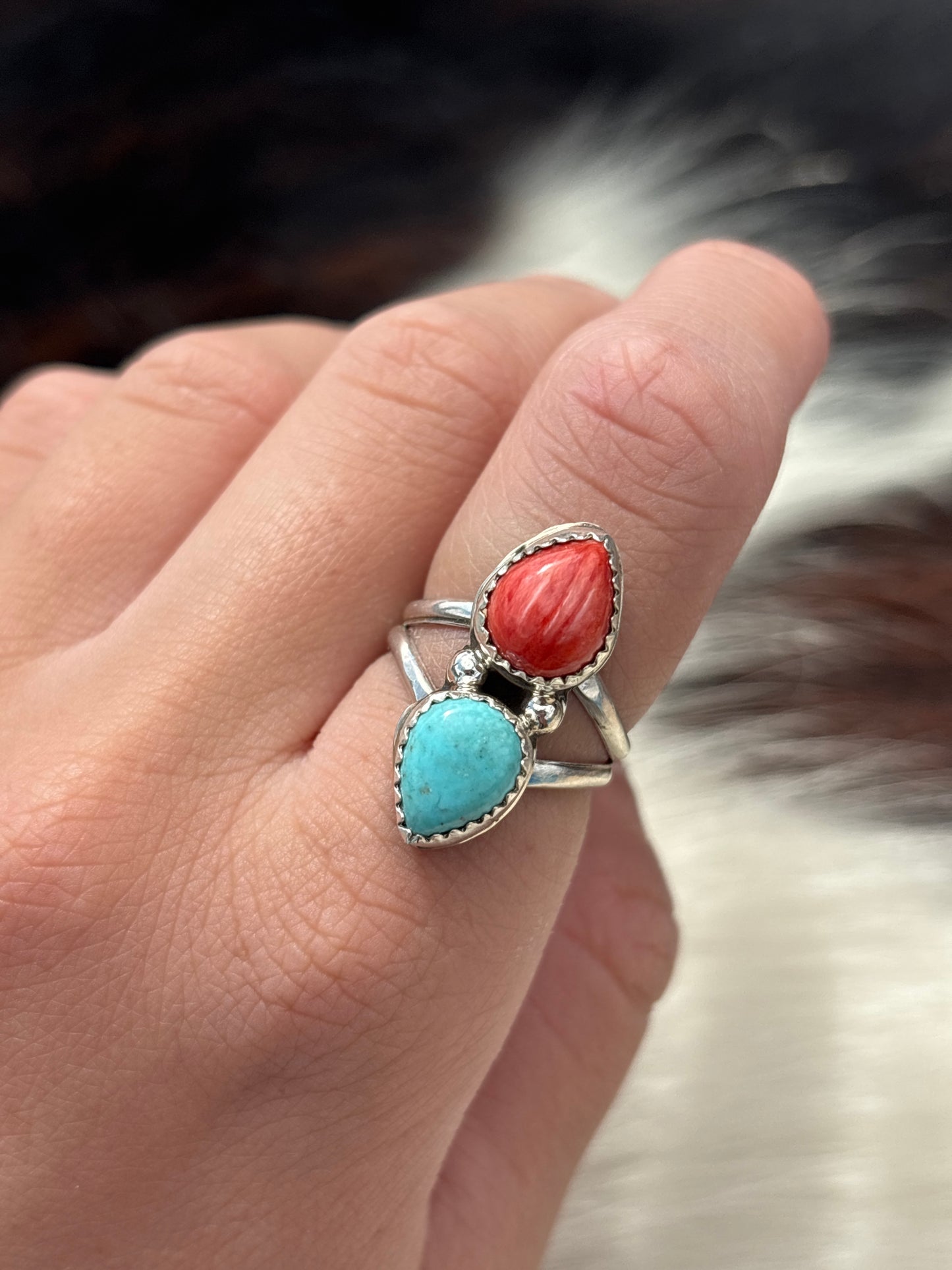 Native American, Hand-Made, Turquoise, Spiny Oyster & Sterling Silver Ring