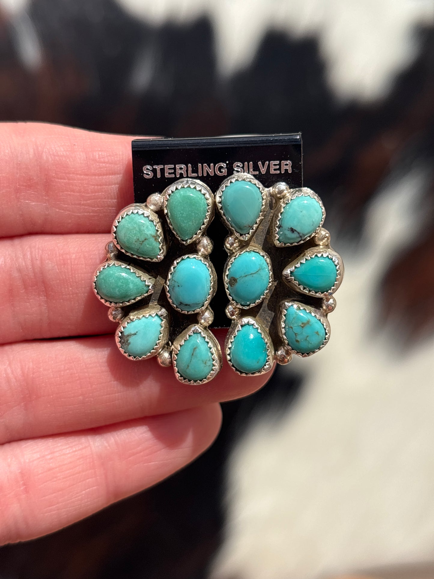 Native Made, Turquoise & Sterling Silver Cluster Earrings