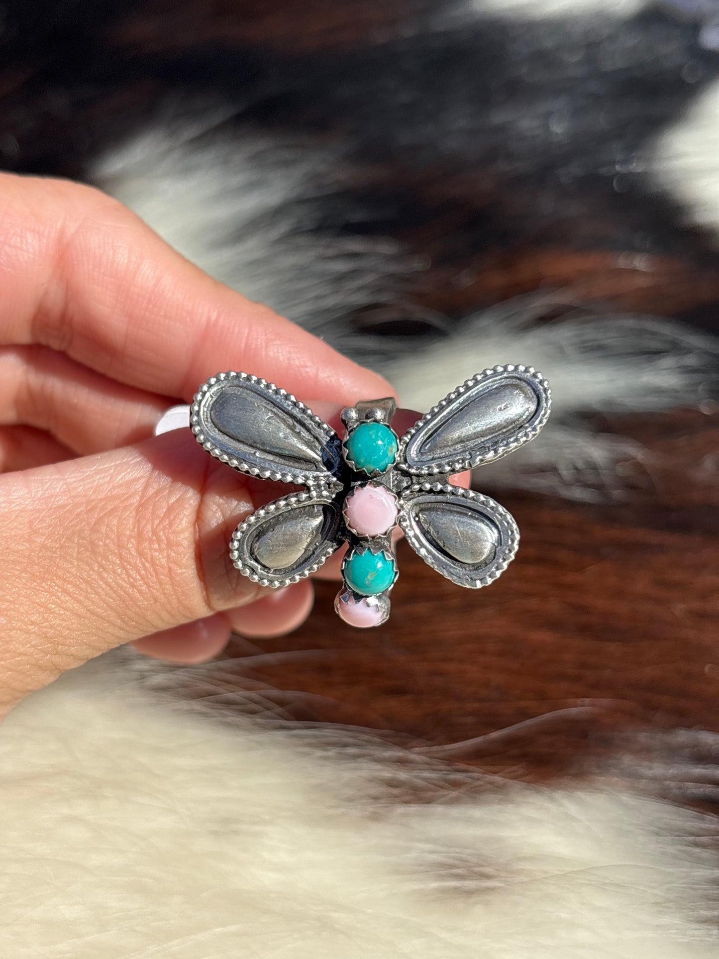 Native American, Hand-Made, Turquoise, Pink Conch & Sterling Silver Dragonfly Adjustable Ring