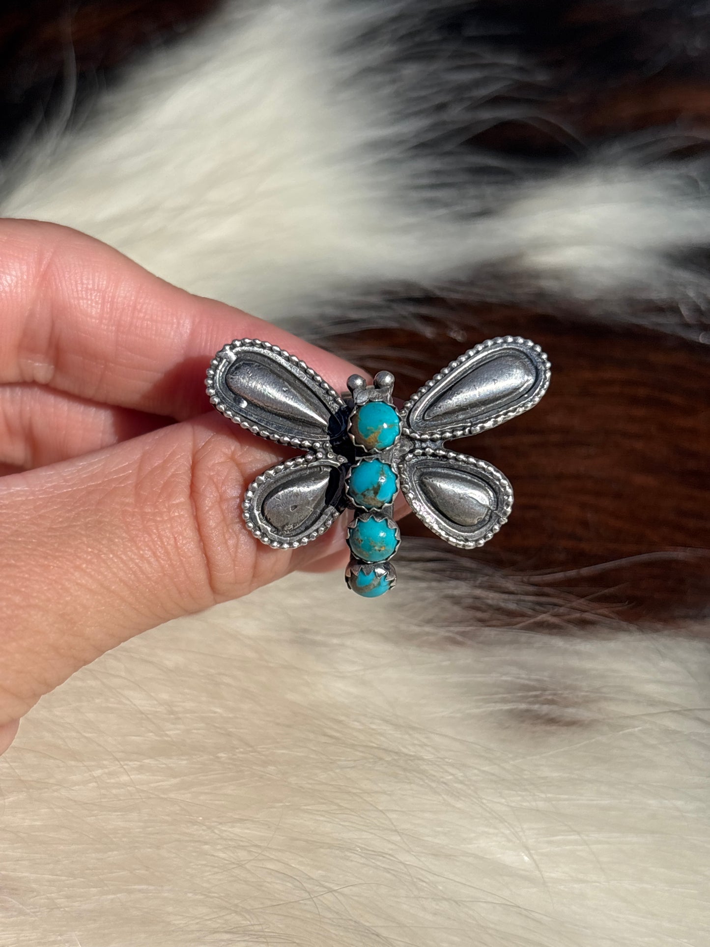 Native American, Hand-Made, Turquoise & Sterling Silver Dragonfly Adjustable Ring