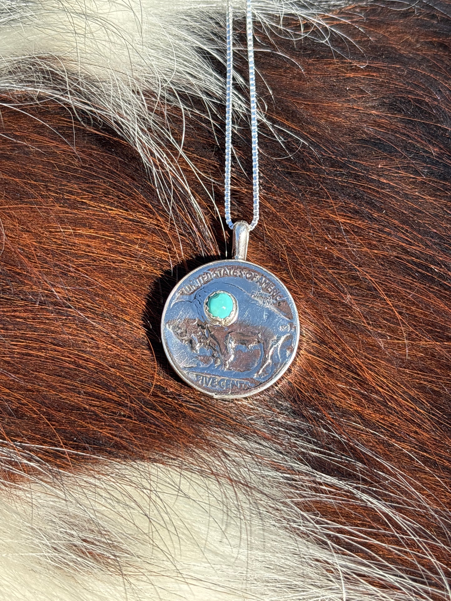 Native American, Hand-Made, Buffalo Nickel, Turquoise & Sterling Silver Necklace