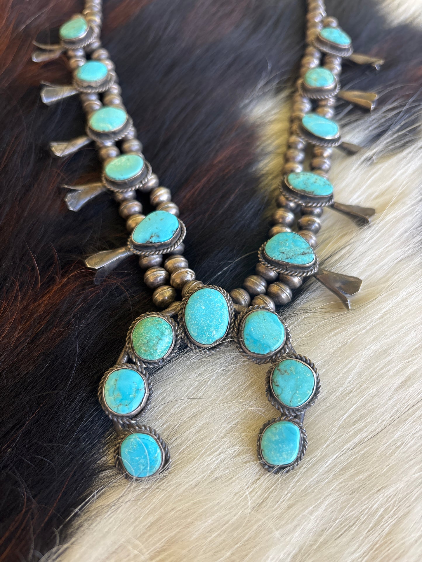 Native American, Handmade, Vintage Turquoise Squash Blossom Necklace