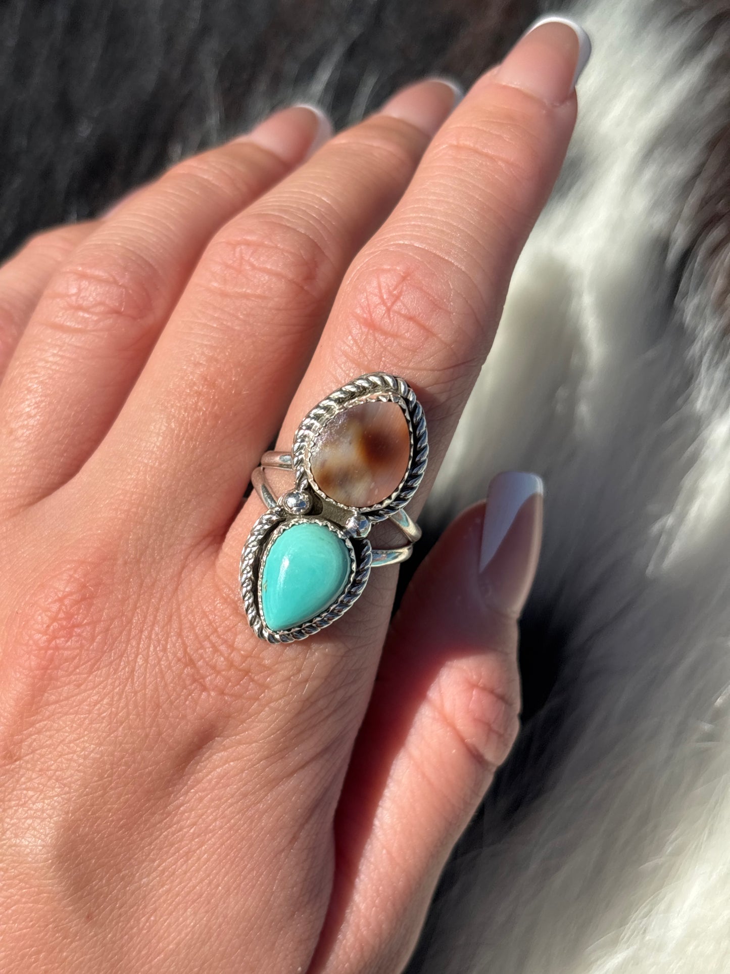 Native American, Hand-Made, Turquoise, Cowrie & Sterling Silver  Ring