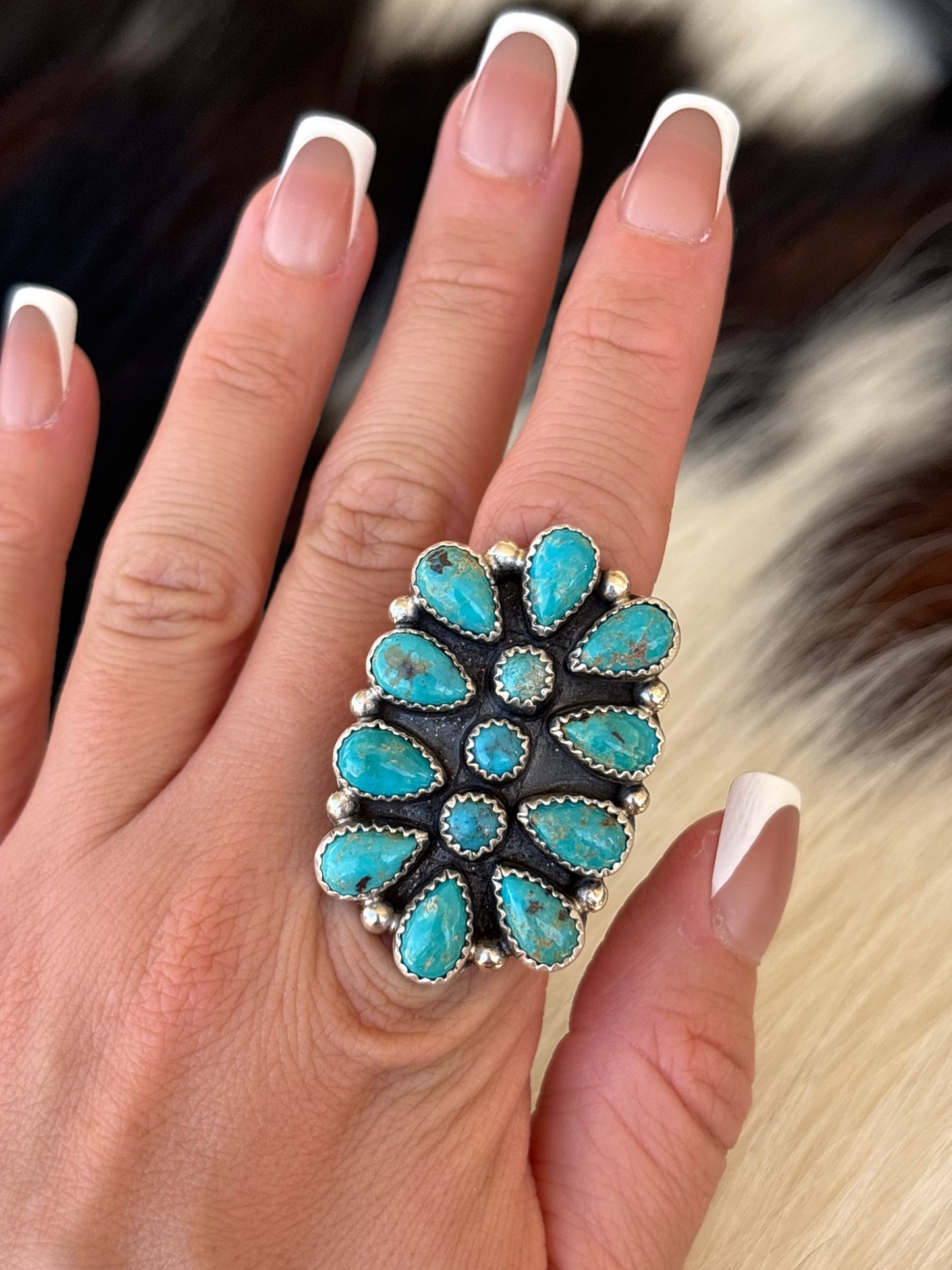 Native American, Hand-Made, Turquoise & Sterling Silver Cluster Ring