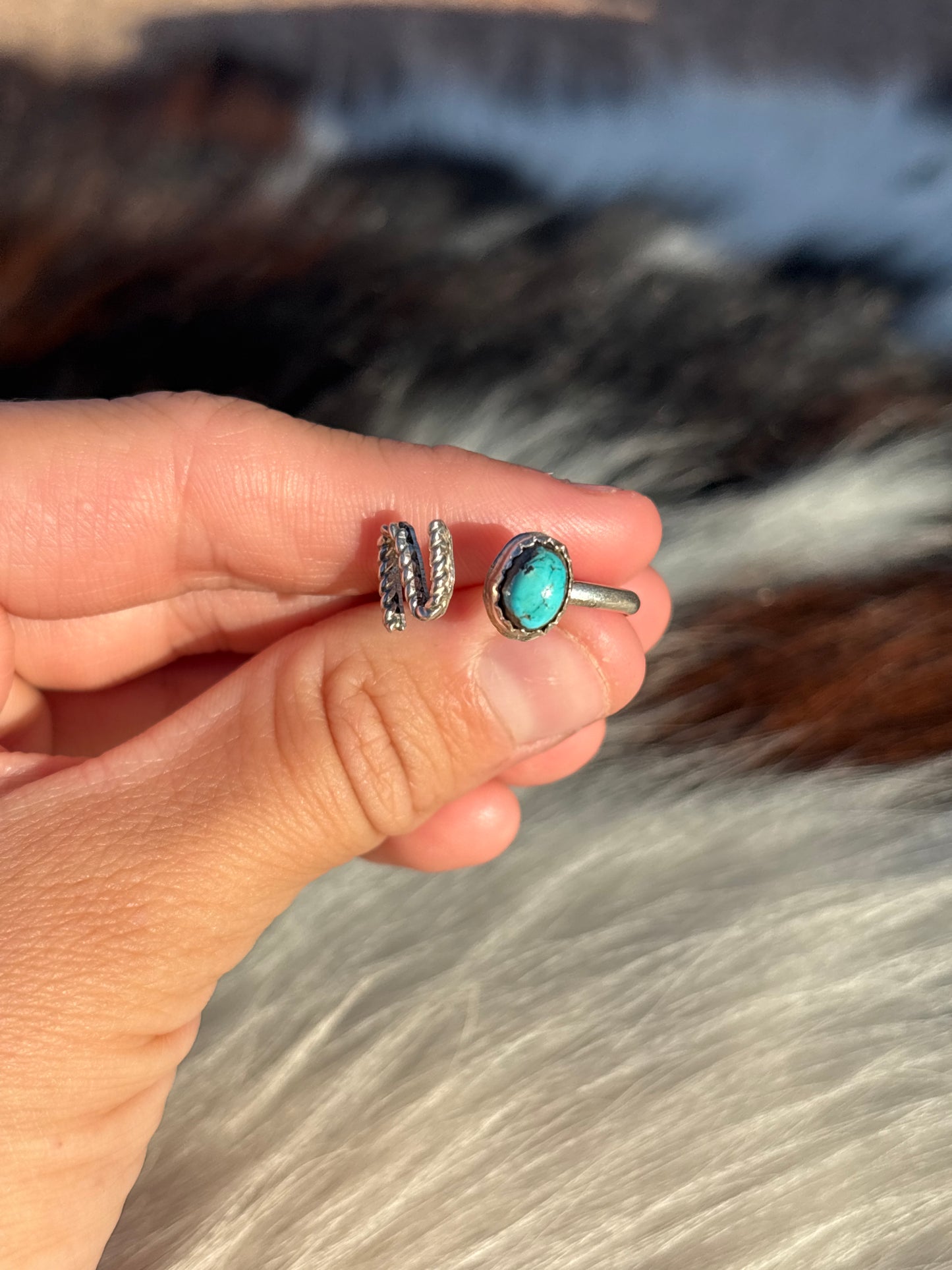 Native American, Hand-Made, Turquoise & Sterling Silver Adjustable Initial Ring