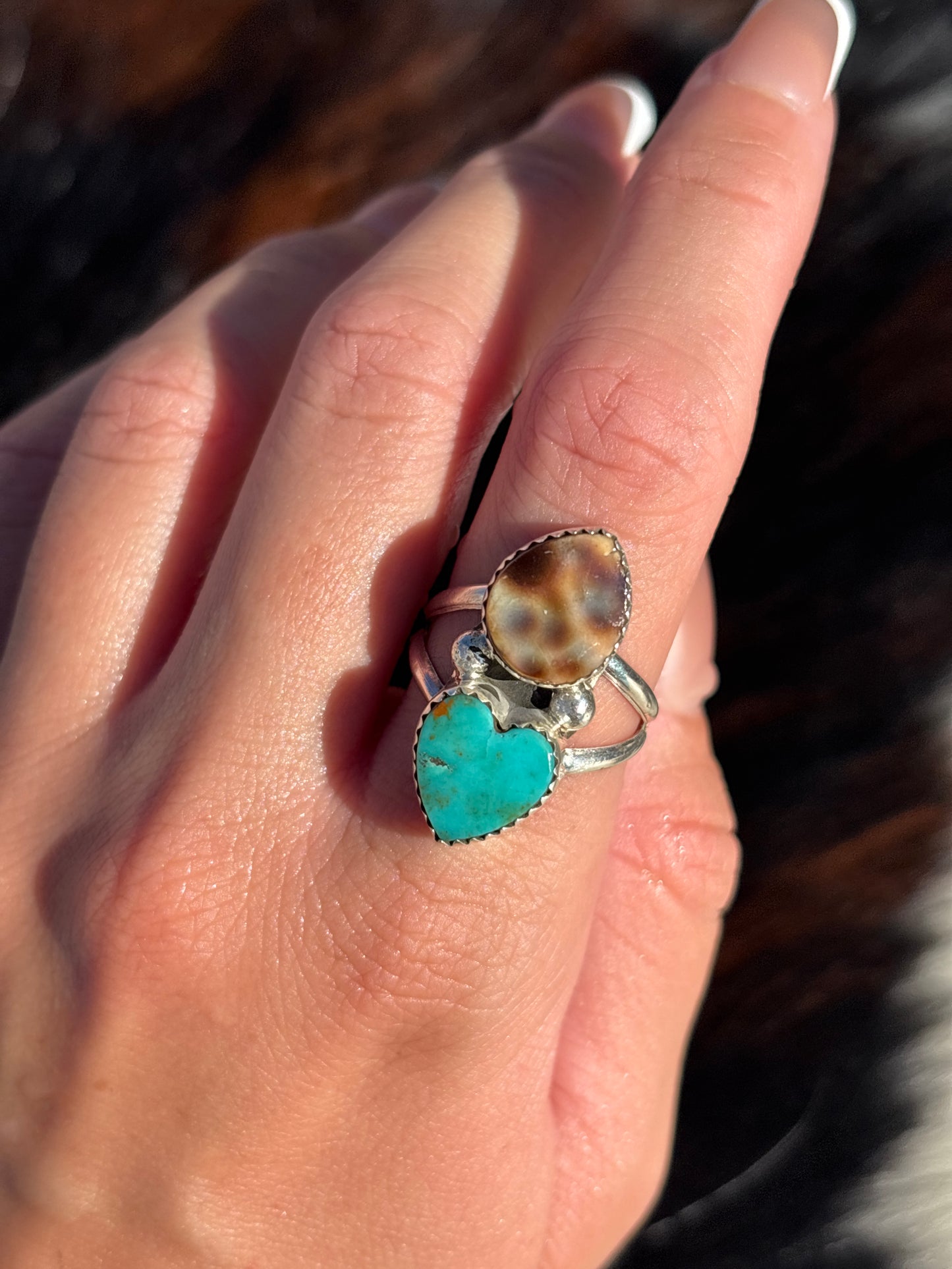 Native American, Hand-Made, Turquoise, Cowrie & Sterling Silver  Ring