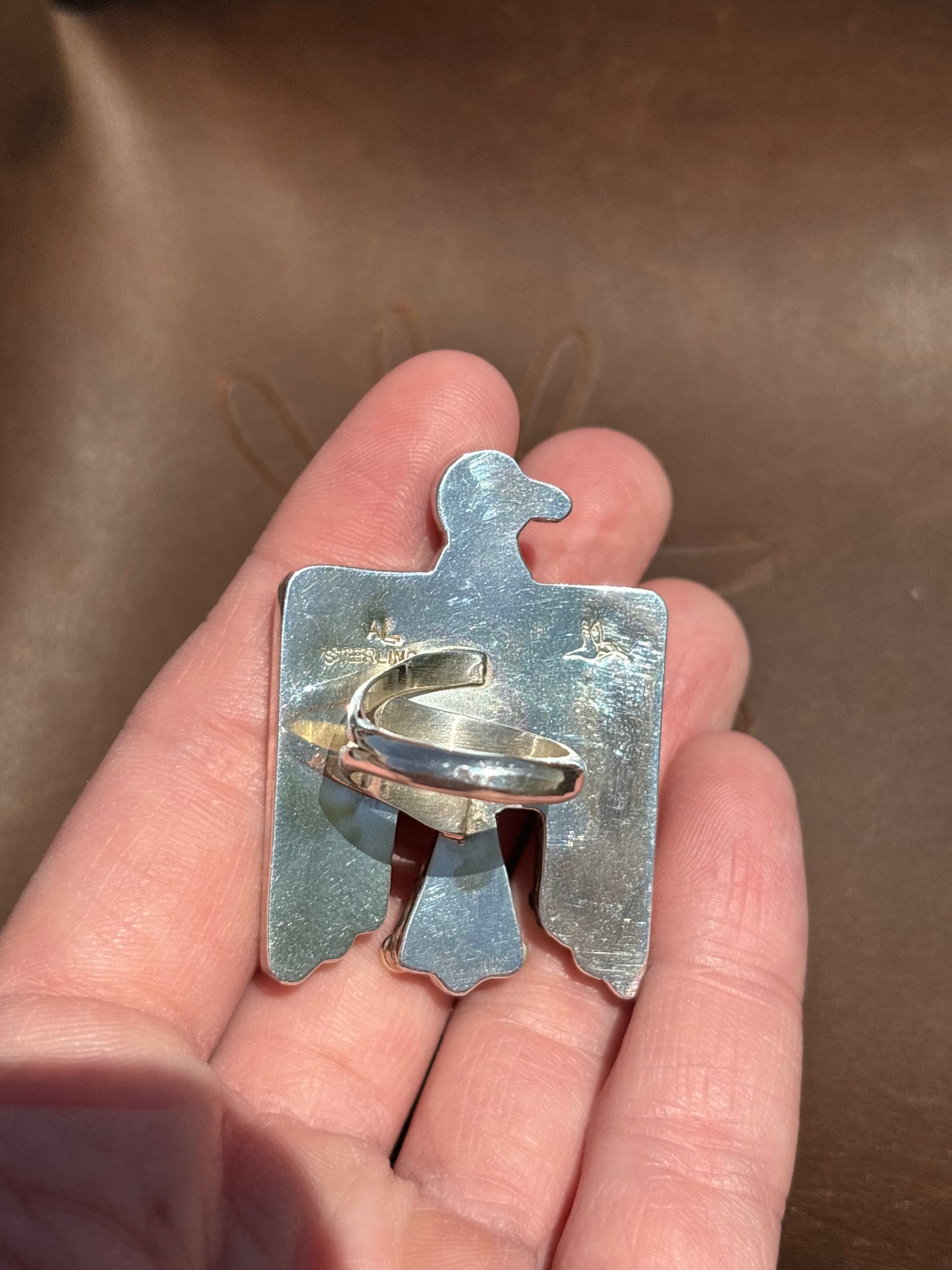 Native American, Hand-Made, Turquoise & Sterling Silver Thunderbird Adjustable Ring