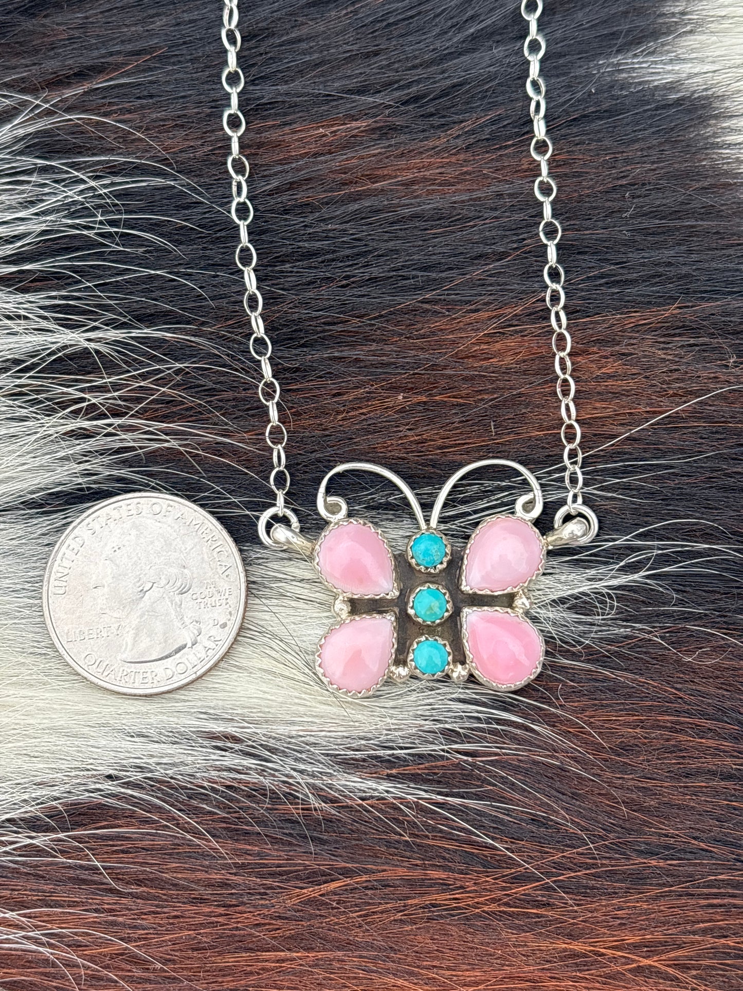 Native American, Hand-Made, Pink Conch, Turquoise & Sterling Silver Butterfly Necklace