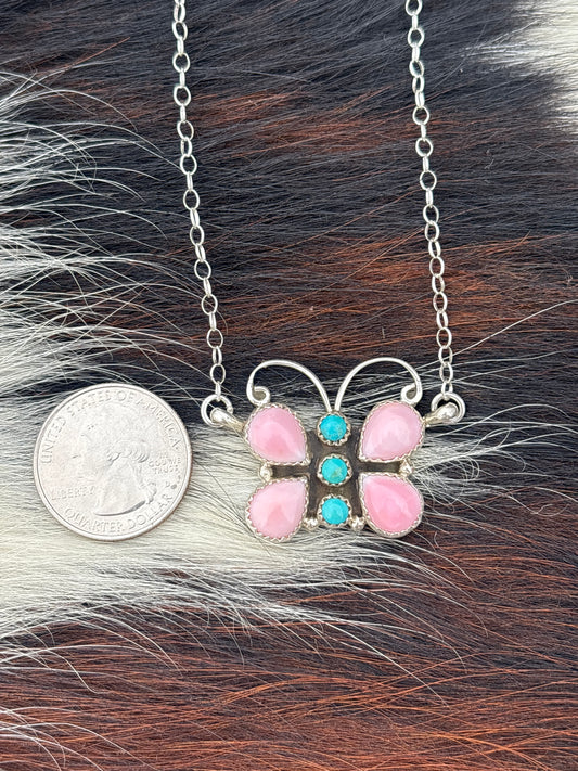 Native American, Hand-Made, Pink Conch, Turquoise & Sterling Silver Butterfly Necklace